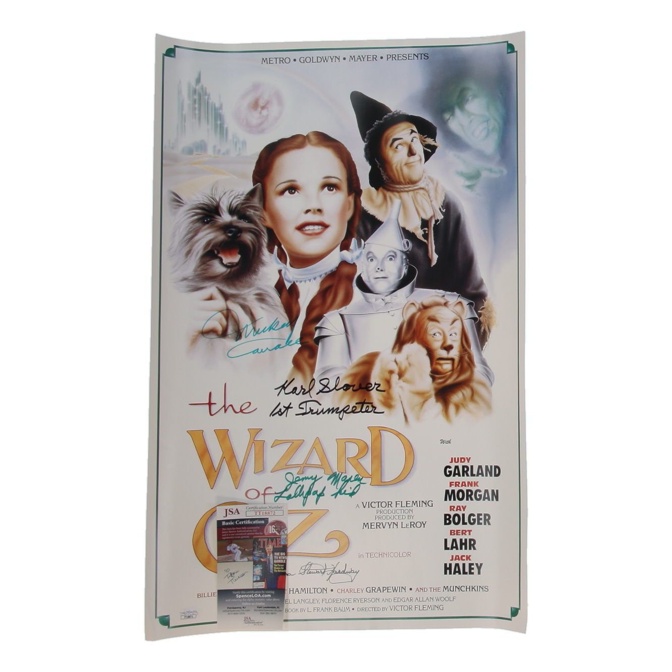 "The Wizard of Oz" 16x24 Poster Cast-Signed by (4) with Mickey Carroll, Jerry Maren, Karl Slover, & Donna Stewart Hardway with Inscriptions (JSA) at PristineAuction.com "The Wizard of Oz" 16x24 Poster Cast-Signed by (4) with Mickey Carroll, Jerry Maren, Karl Slover, & Donna Stewart Hardway with Inscriptions (JSA) at PristineAuction.com