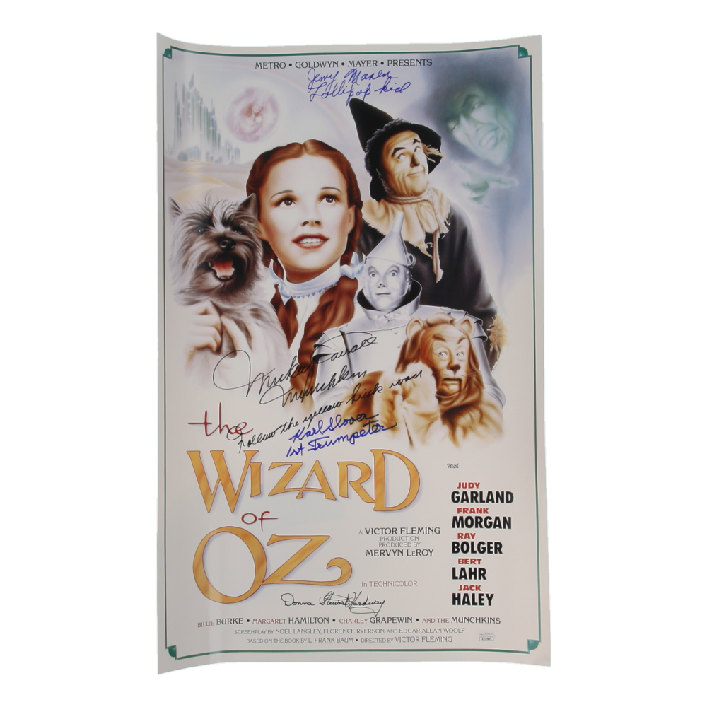 "The Wizard of Oz" 16x24 Poster Cast-Signed by (4) with Mickey Carroll, Jerry Maren, Karl Slover, & Donna Stewart Hardway with Inscriptions (JSA) at PristineAuction.com