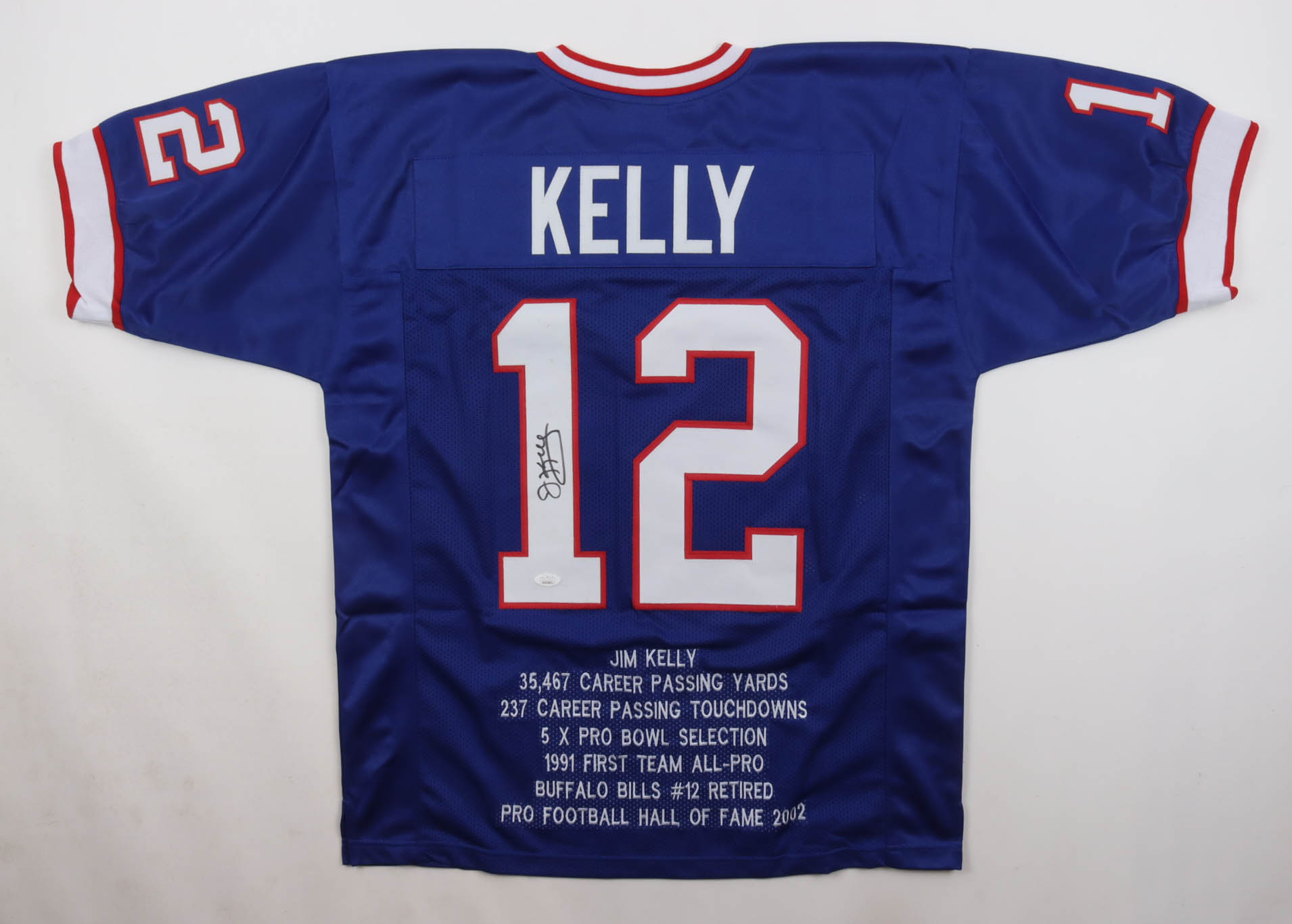 Jim Kelly Signed Career Highlight Stat Jersey (JSA) at PristineAuction.com Jim Kelly Signed Career Highlight Stat Jersey (JSA) at PristineAuction.com