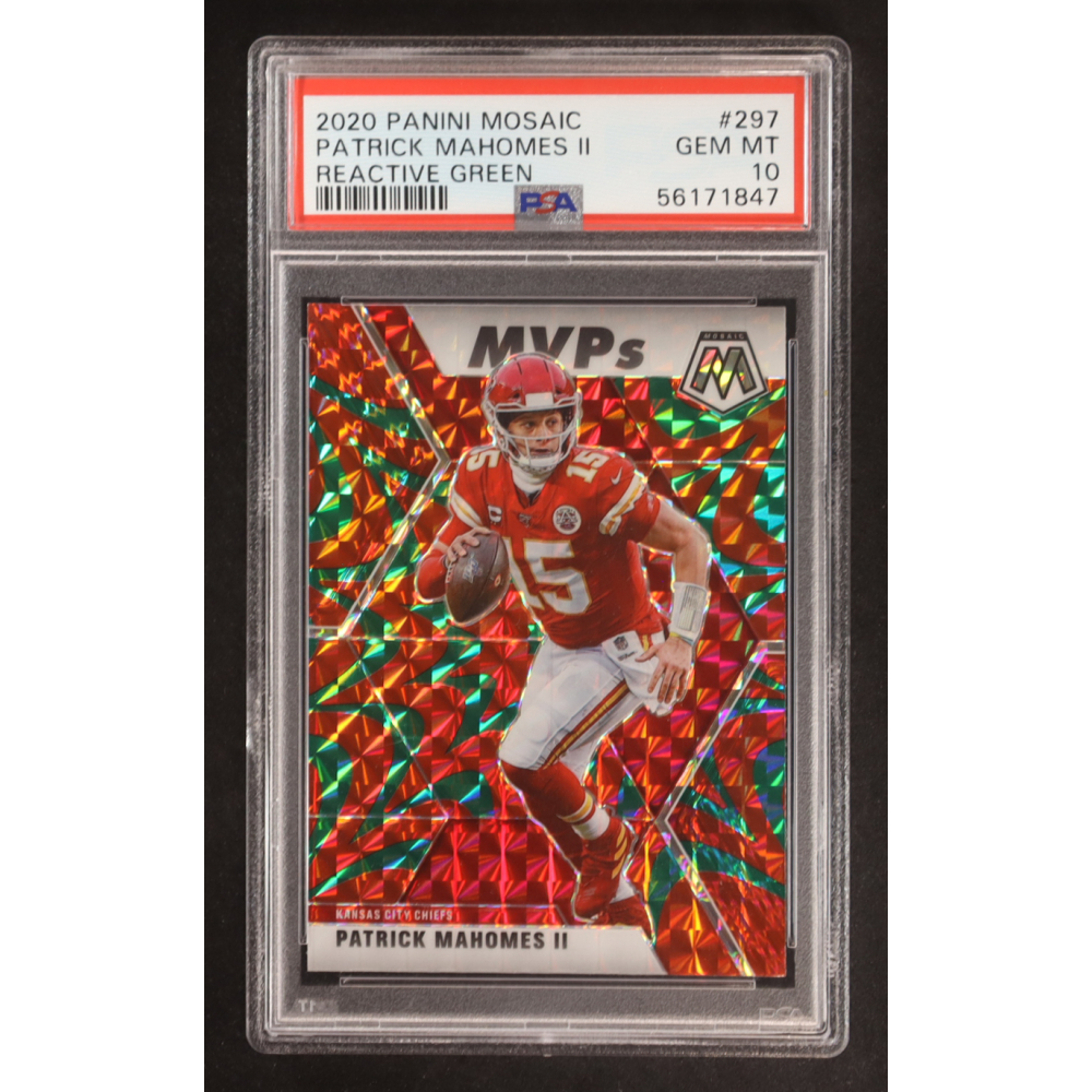 Patrick Mahomes II 2020 Panini Mosaic Mosaic Reactive Green #297 MVP (PSA 10) at PristineAuction.com