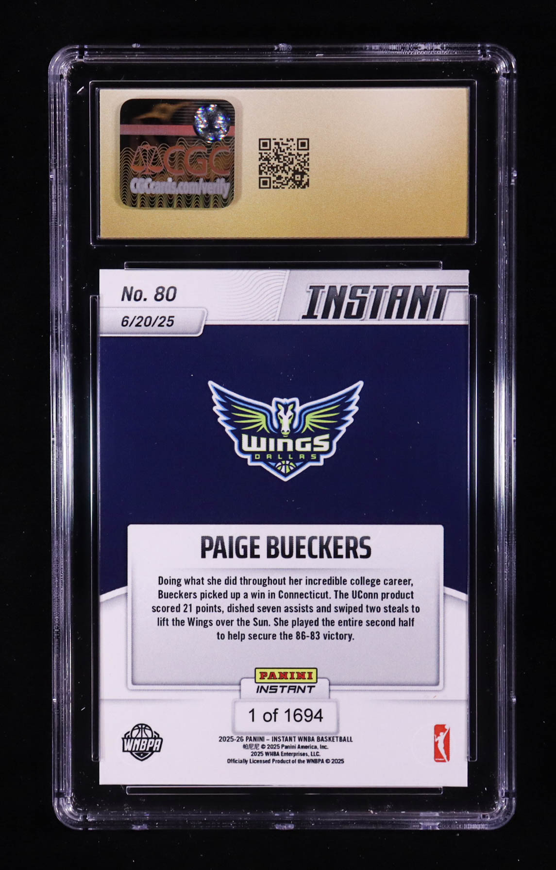 Paige Bueckers 2025-26 Panini Instant WNBA #80 RC (CGC Pristine 10) at PristineAuction.com Paige Bueckers 2025-26 Panini Instant WNBA #80 RC (CGC Pristine 10) at PristineAuction.com