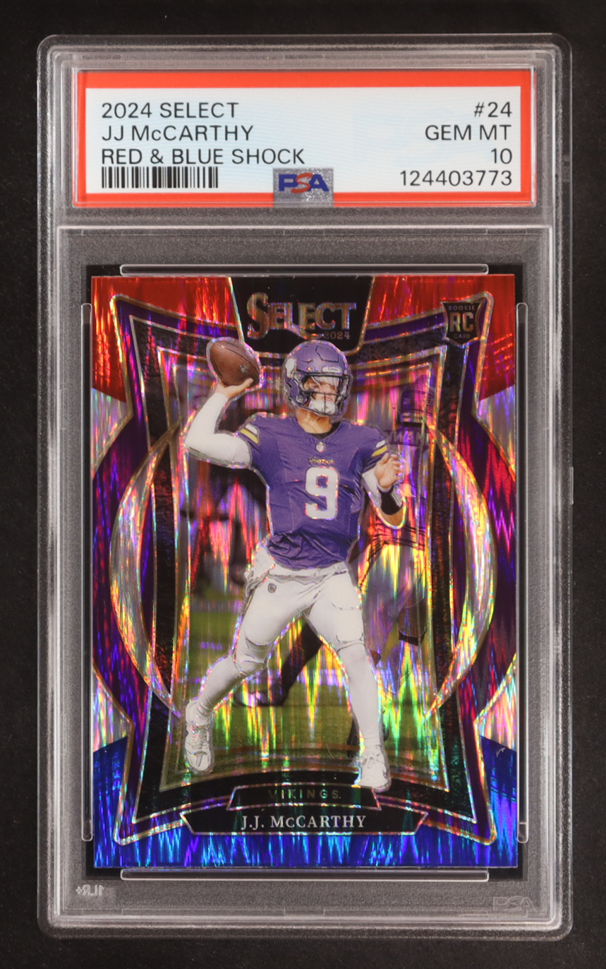 JJ McCarthy 2024 Select Prizm Red and Blue Shock #24 RC (PSA 10) at PristineAuction.com JJ McCarthy 2024 Select Prizm Red and Blue Shock #24 RC (PSA 10) at PristineAuction.com