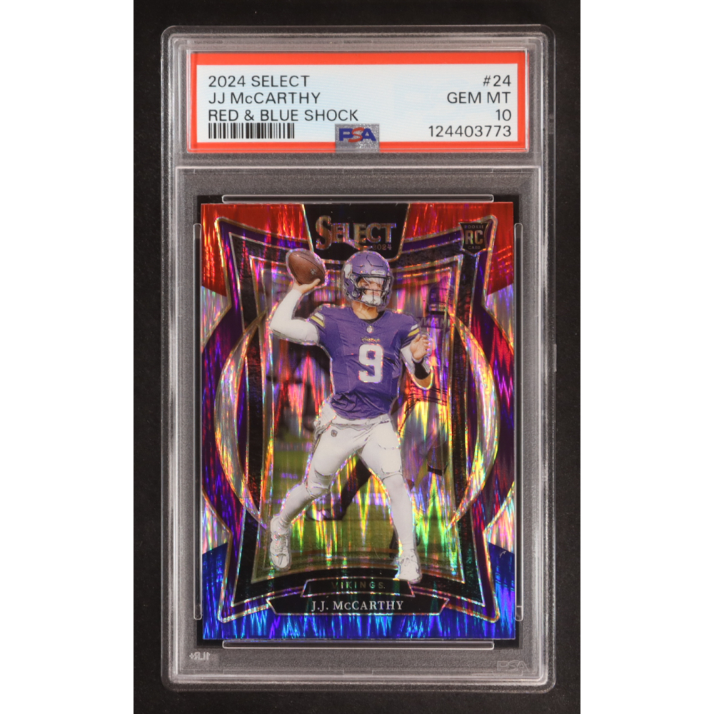 JJ McCarthy 2024 Select Prizm Red and Blue Shock #24 RC (PSA 10) at PristineAuction.com