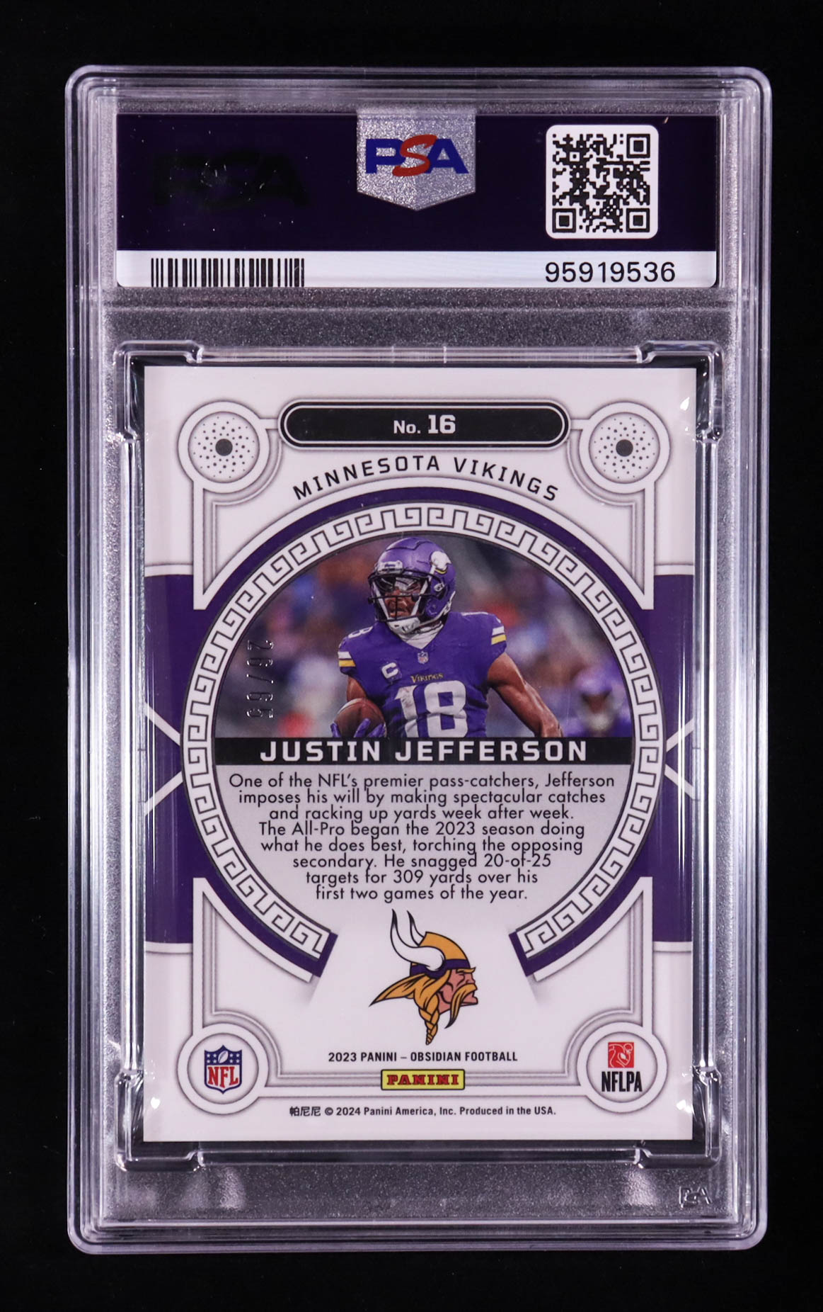 Justin Jefferson 2023 Panini Obsidian Orbital Electric Etch Orange #16 #26/65 (PSA 10) at PristineAuction.com Justin Jefferson 2023 Panini Obsidian Orbital Electric Etch Orange #16 #26/65 (PSA 10) at PristineAuction.com