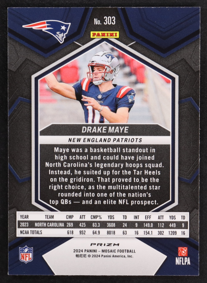 Drake Maye 2024 Panini Mosaic Mosaic Green #303 RC at PristineAuction.com Drake Maye 2024 Panini Mosaic Mosaic Green #303 RC at PristineAuction.com