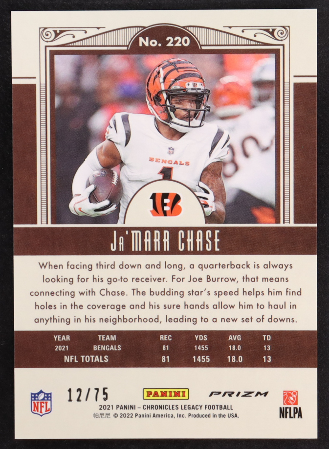 Ja'Marr Chase 2021 Panini Chronicles Legacy Update Rookies Orange #220 #12/75 RC at PristineAuction.com Ja'Marr Chase 2021 Panini Chronicles Legacy Update Rookies Orange #220 #12/75 RC at PristineAuction.com