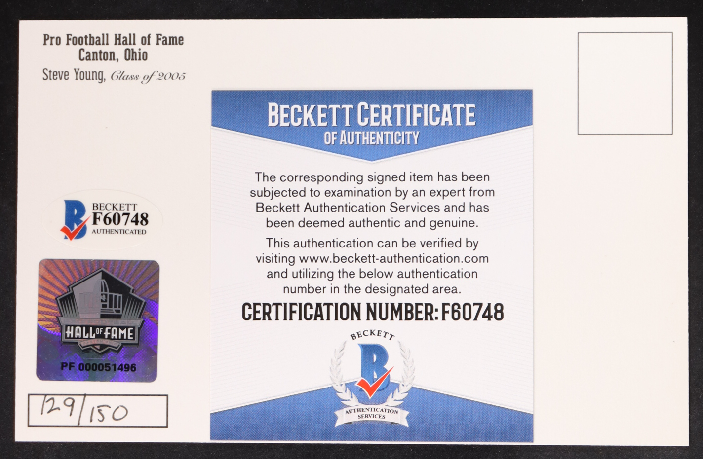 Steve Young Signed LE Hall Of Fame Postcard #129/150 (Beckett) at PristineAuction.com Steve Young Signed LE Hall Of Fame Postcard #129/150 (Beckett) at PristineAuction.com