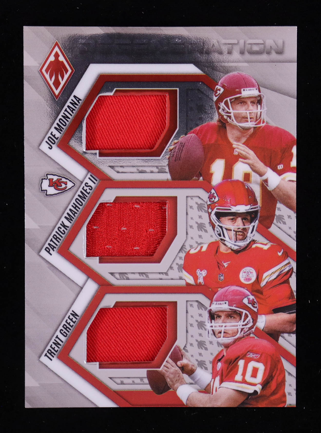 Joe Montana / Patrick Mahomes II / Trent Green 2025 Panini Phoenix Regeneration Jerseys #9 #253/299 at PristineAuction.com Joe Montana / Patrick Mahomes II / Trent Green 2025 Panini Phoenix Regeneration Jerseys #9 #253/299 at PristineAuction.com