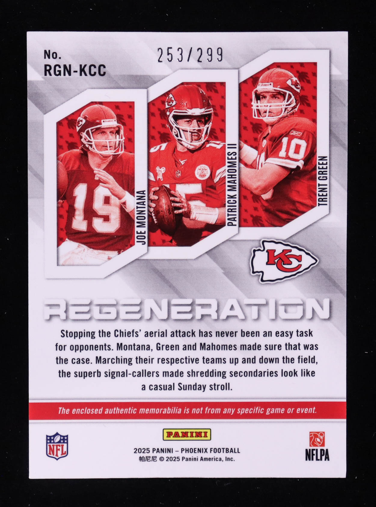 Joe Montana / Patrick Mahomes II / Trent Green 2025 Panini Phoenix Regeneration Jerseys #9 #253/299 at PristineAuction.com Joe Montana / Patrick Mahomes II / Trent Green 2025 Panini Phoenix Regeneration Jerseys #9 #253/299 at PristineAuction.com