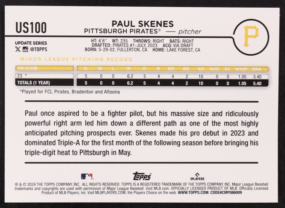 Paul Skenes 2024 Topps Update #US100 RC at PristineAuction.com Paul Skenes 2024 Topps Update #US100 RC at PristineAuction.com