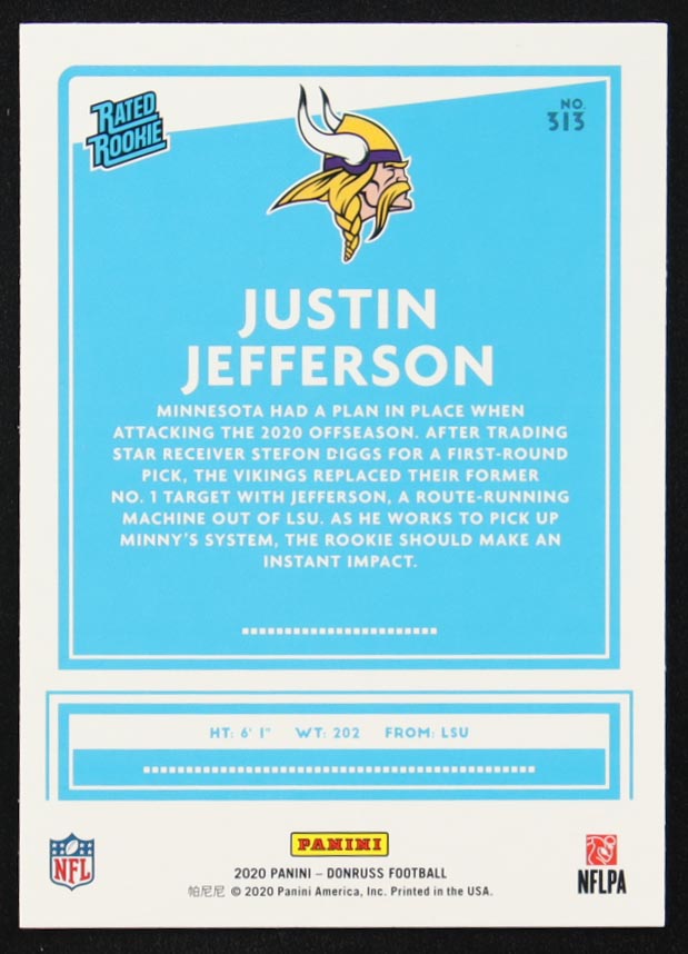 Justin Jefferson 2020 Donruss Press Proof Blue #313 RR RC at PristineAuction.com Justin Jefferson 2020 Donruss Press Proof Blue #313 RR RC at PristineAuction.com