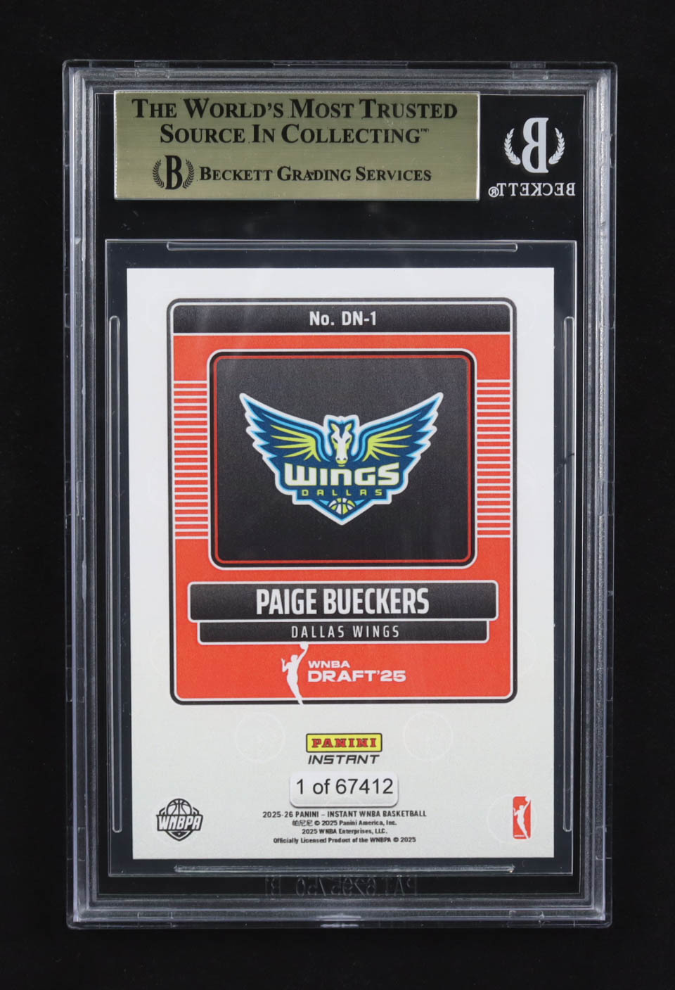 Paige Bueckers 2025-26 Panini Instant WNBA Draft Night #DN-1 RC #1/67412 (BGS 10) at PristineAuction.com Paige Bueckers 2025-26 Panini Instant WNBA Draft Night #DN-1 RC #1/67412 (BGS 10) at PristineAuction.com