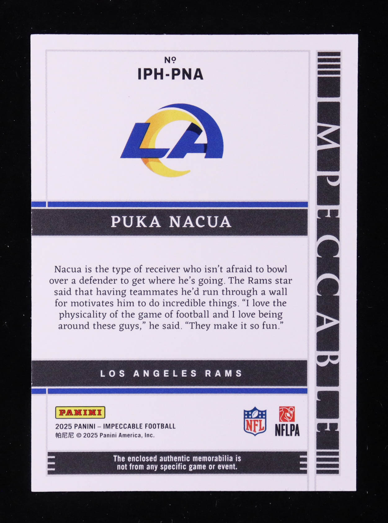 Puka Nacua 2025 Panini Impeccable Immense Patches #14 #24/49 at PristineAuction.com Puka Nacua 2025 Panini Impeccable Immense Patches #14 #24/49 at PristineAuction.com
