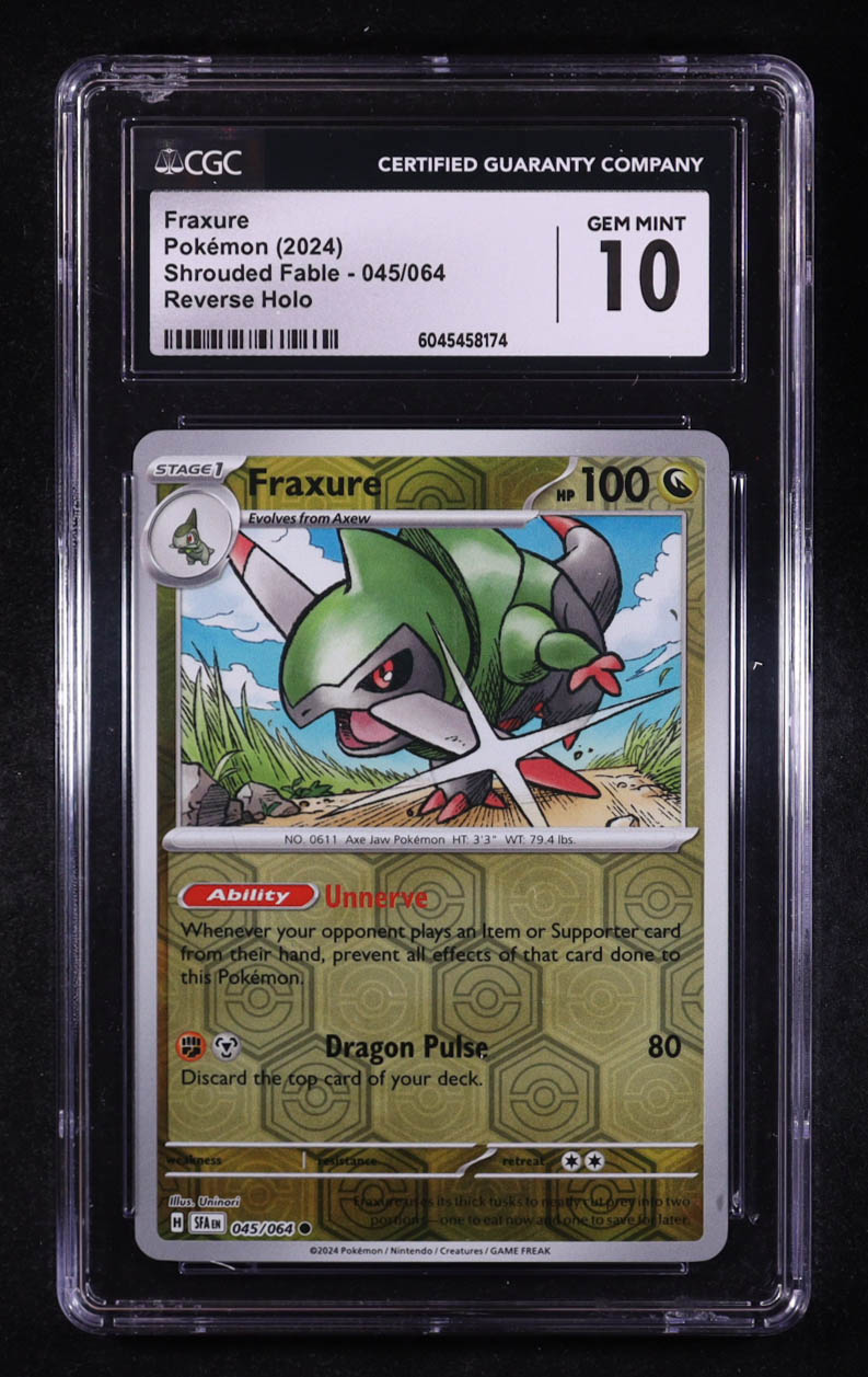 Fraxure 2024 Pokemon TCG Scarlet & Violet Shrouded Fable #045 REVERSE HOLO (CGC 10) at PristineAuction.com Fraxure 2024 Pokemon TCG Scarlet & Violet Shrouded Fable #045 REVERSE HOLO (CGC 10) at PristineAuction.com