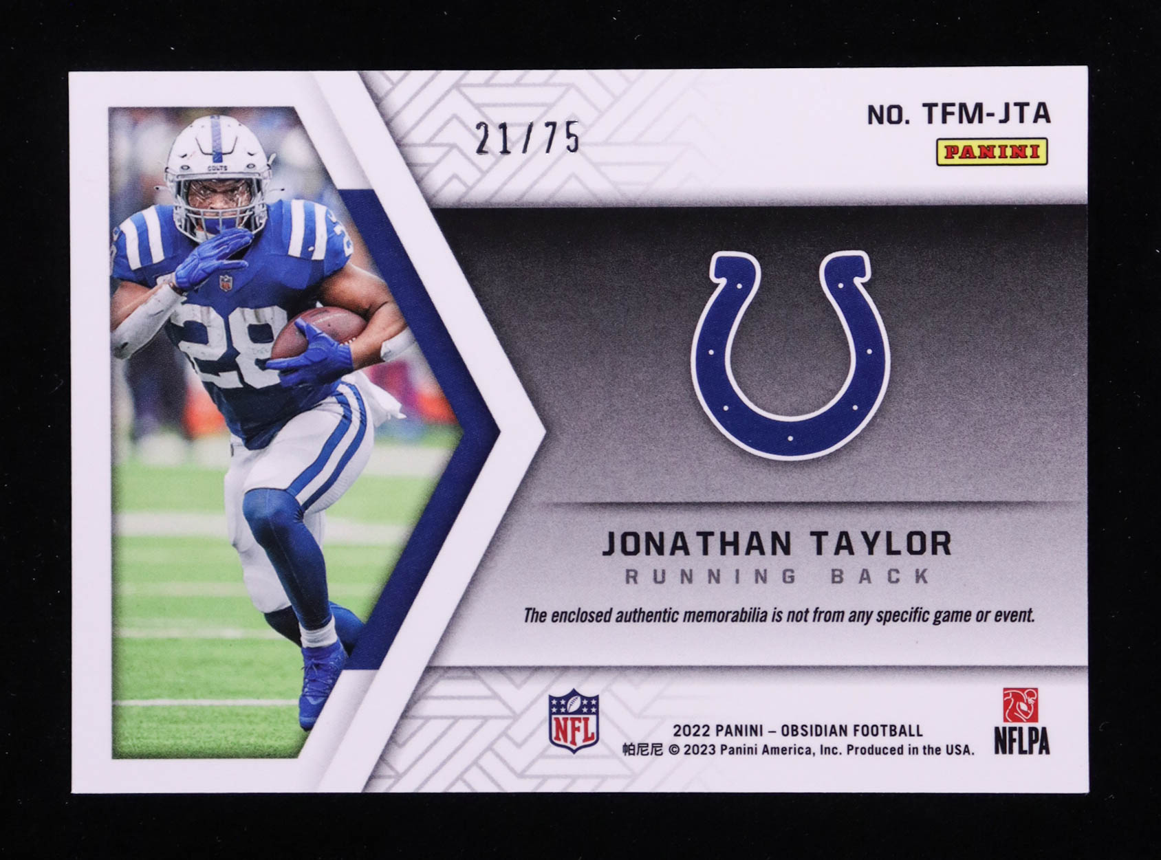 Jonathan Taylor 2022 Panini Obsidian Trifecta Materials Electric Etch Orange #11 #21/75 at PristineAuction.com Jonathan Taylor 2022 Panini Obsidian Trifecta Materials Electric Etch Orange #11 #21/75 at PristineAuction.com