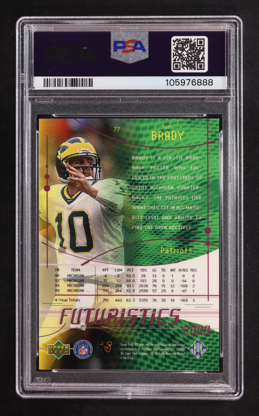 Tom Brady Signed 2000 UD Ionix Proof #77 RC Inscribed "Go Blue" (PSA | Auto 10) at PristineAuction.com Tom Brady Signed 2000 UD Ionix Proof #77 RC Inscribed "Go Blue" (PSA | Auto 10) at PristineAuction.com