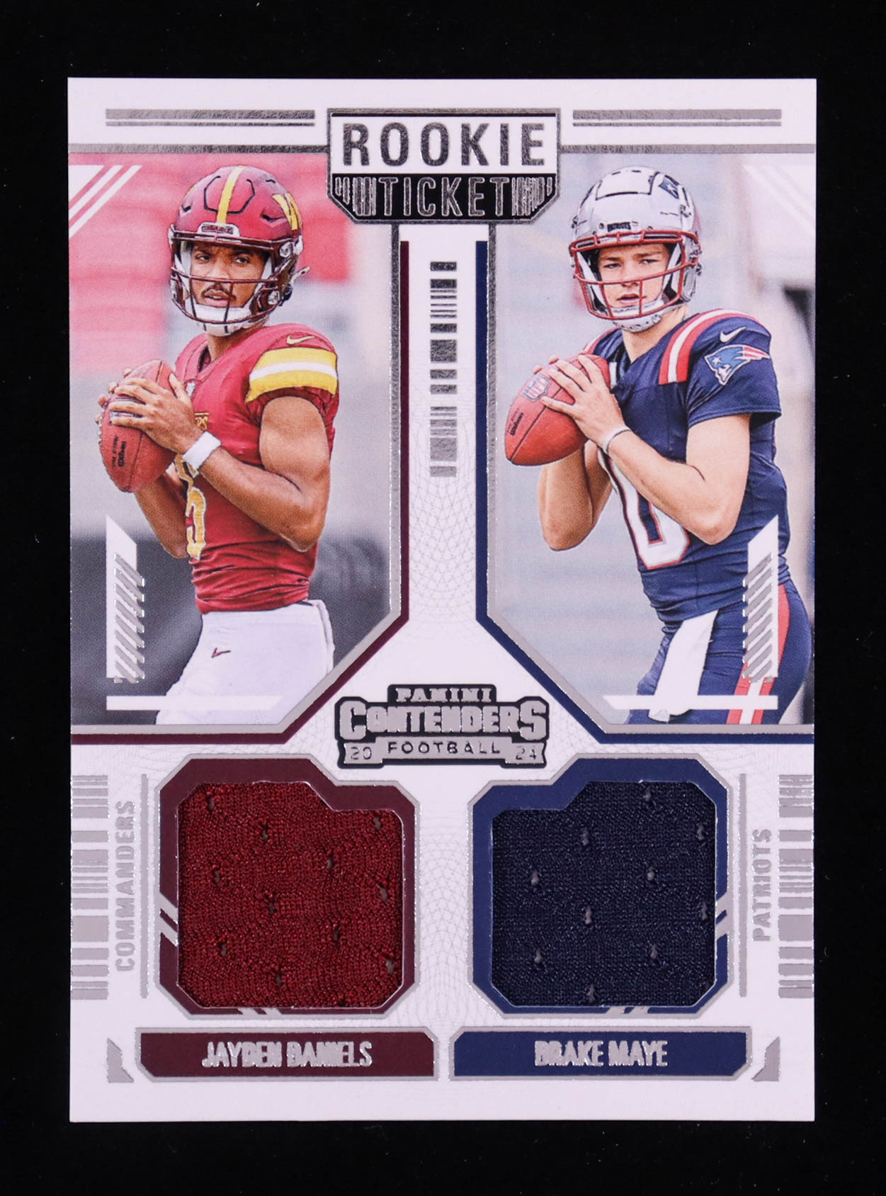 Drake Maye / Jayden Daniels 2024 Panini Contenders Rookie Ticket Dual Swatches #13 RC at PristineAuction.com Drake Maye / Jayden Daniels 2024 Panini Contenders Rookie Ticket Dual Swatches #13 RC at PristineAuction.com