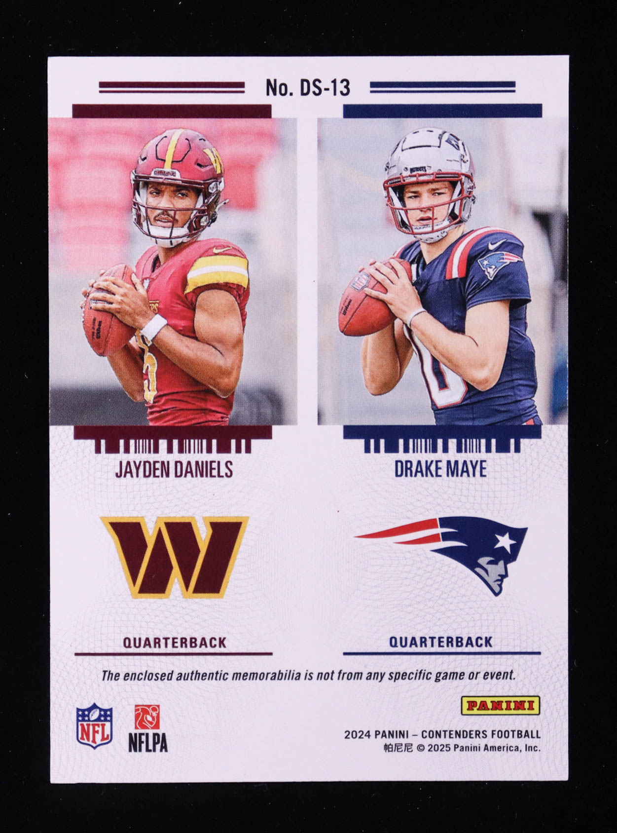 Drake Maye / Jayden Daniels 2024 Panini Contenders Rookie Ticket Dual Swatches #13 RC at PristineAuction.com Drake Maye / Jayden Daniels 2024 Panini Contenders Rookie Ticket Dual Swatches #13 RC at PristineAuction.com
