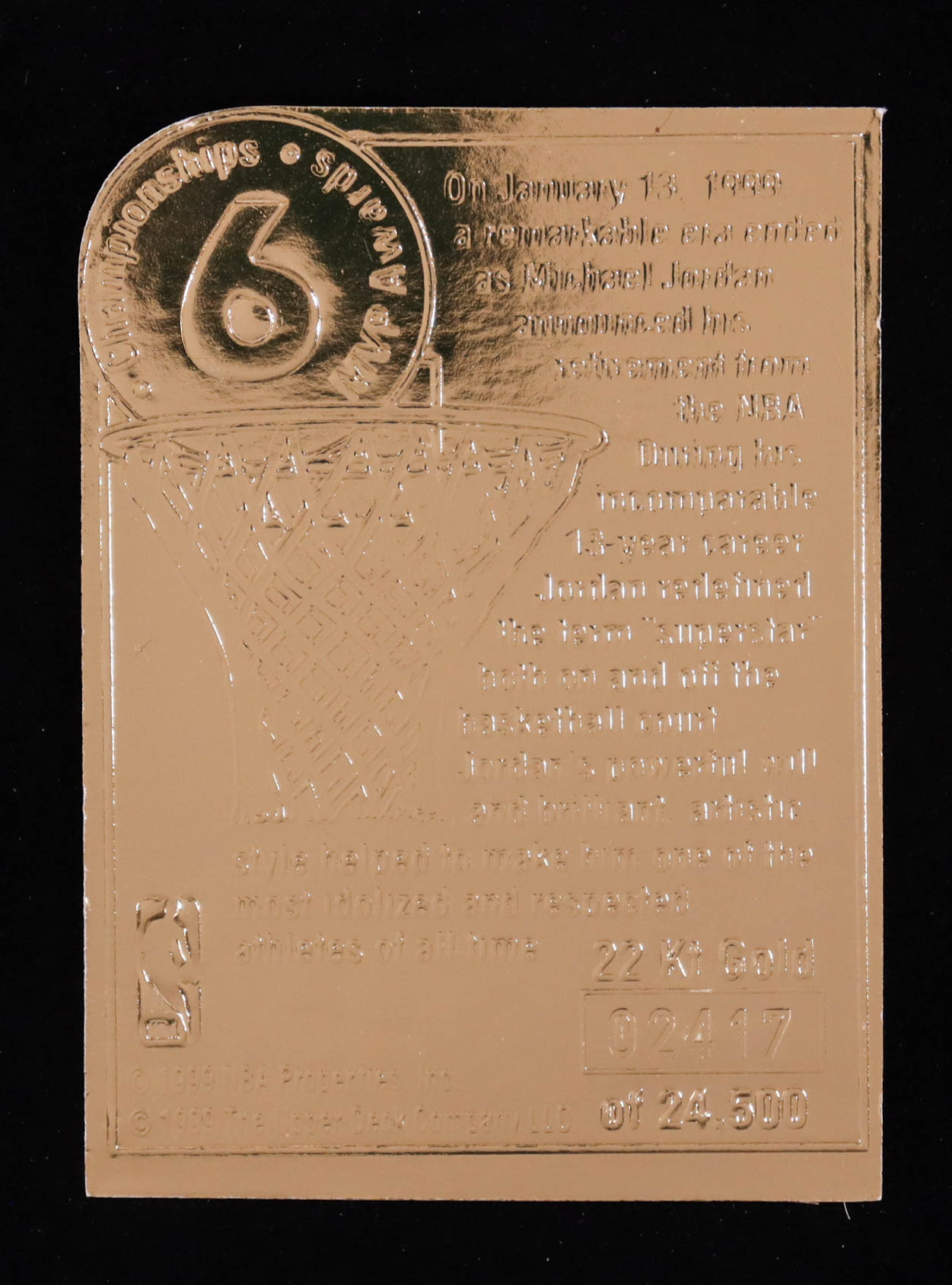 Michael Jordan 1999 Upper Deck 22K Gold Michael Jordan Retires #1 #2417/24500 at PristineAuction.com Michael Jordan 1999 Upper Deck 22K Gold Michael Jordan Retires #1 #2417/24500 at PristineAuction.com