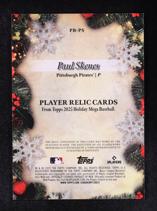 Paul Skenes 2025 Topps Holiday Player Relics #PRPS at PristineAuction.com Paul Skenes 2025 Topps Holiday Player Relics #PRPS at PristineAuction.com