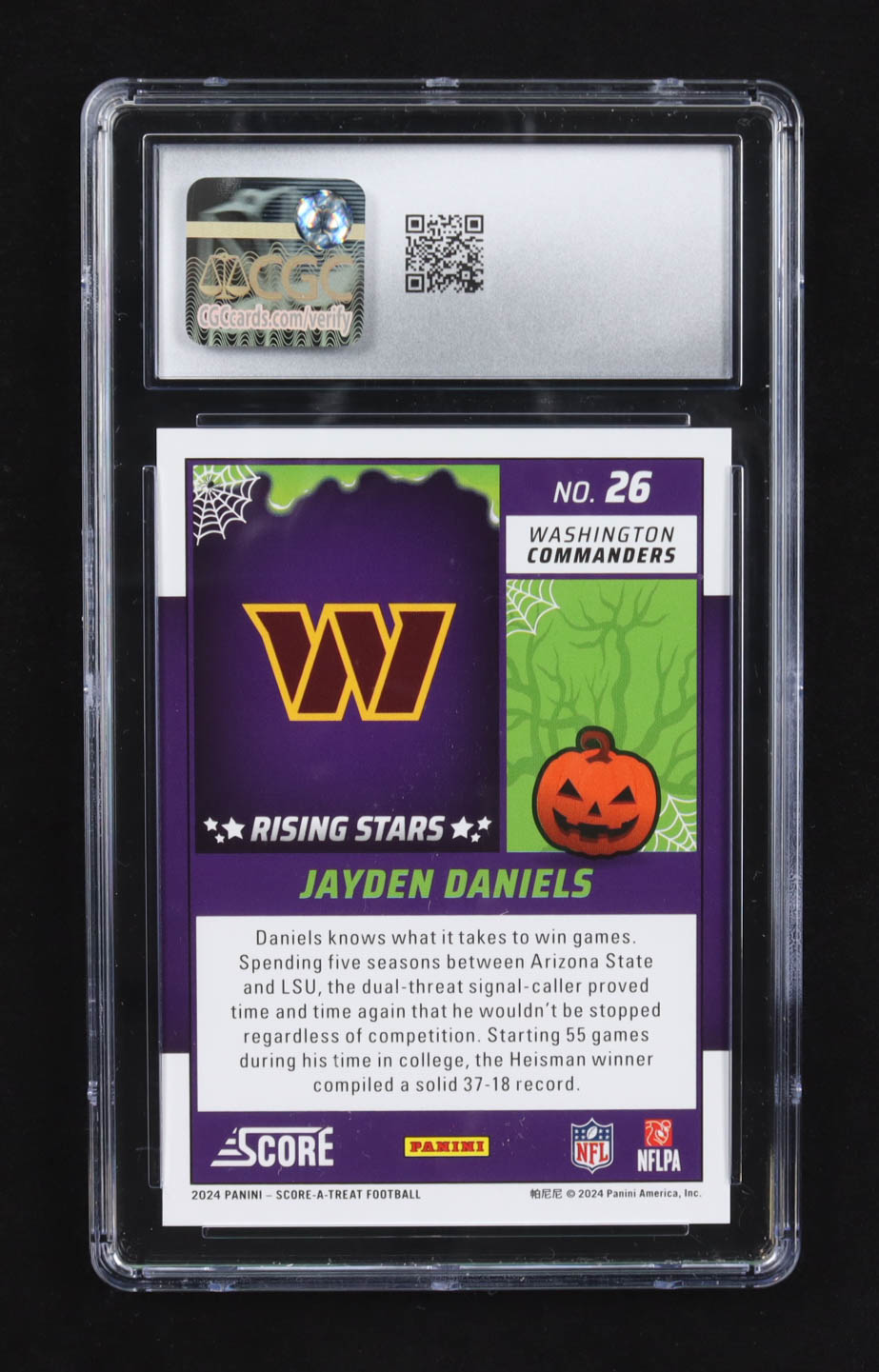Jayden Daniels 2024 Score Halloween Rising Stars Pumpkin #26 RC (CGC 10) at PristineAuction.com Jayden Daniels 2024 Score Halloween Rising Stars Pumpkin #26 RC (CGC 10) at PristineAuction.com