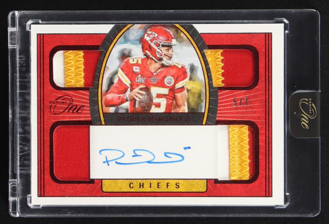 Patrick Mahomes II 2021 Panini One Quad Patch Autographs Red #56 #5/7 at PristineAuction.com Patrick Mahomes II 2021 Panini One Quad Patch Autographs Red #56 #5/7 at PristineAuction.com