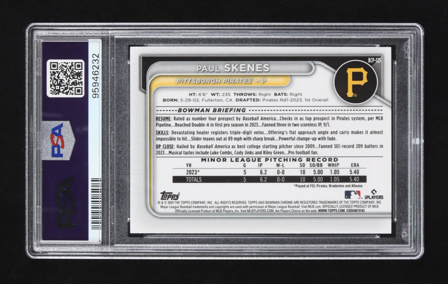Paul Skenes 2024 Bowman Chrome Prospects Lunar Glow Refractors #BCP125 RC (PSA 10) at PristineAuction.com Paul Skenes 2024 Bowman Chrome Prospects Lunar Glow Refractors #BCP125 RC (PSA 10) at PristineAuction.com