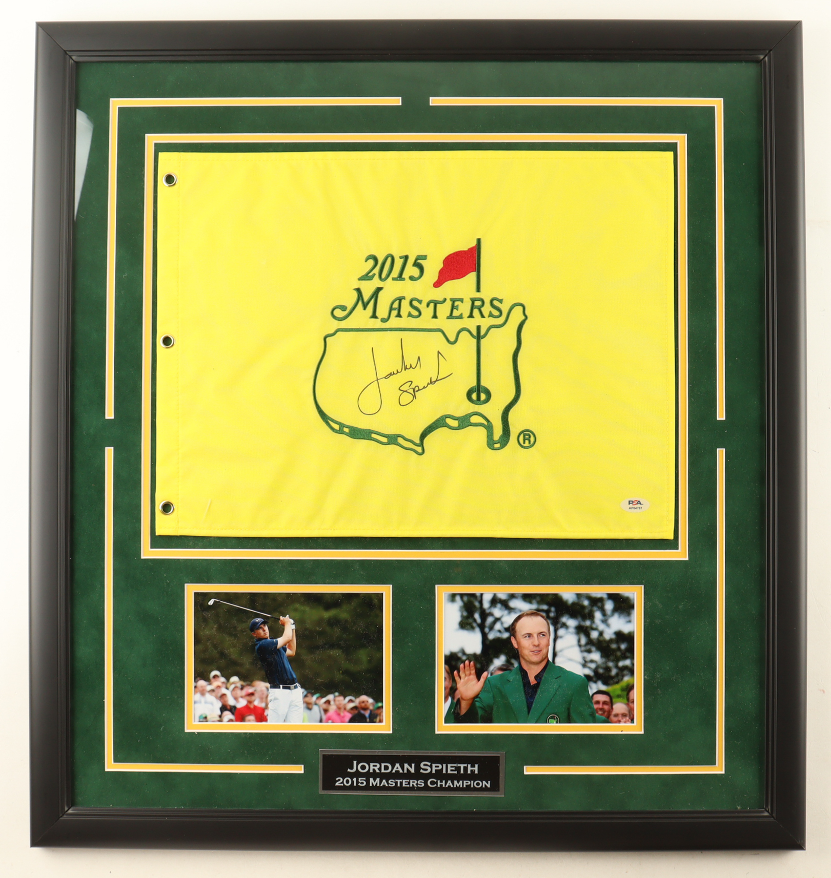 Jordan Spieth Signed Custom Framed 2015 The Masters Tournament Golf Pin Flag with (2) 8x10 Photos (PSA) at PristineAuction.com Jordan Spieth Signed Custom Framed 2015 The Masters Tournament Golf Pin Flag with (2) 8x10 Photos (PSA) at PristineAuction.com