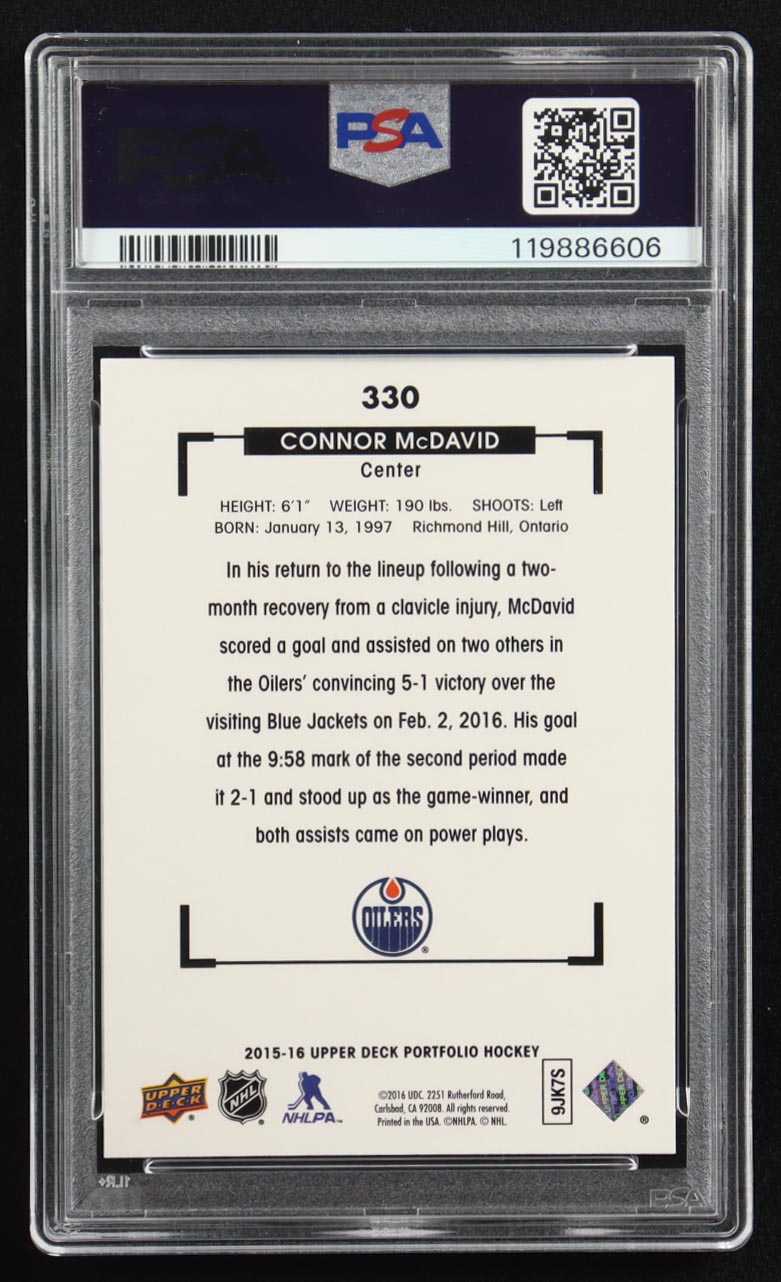 Connor McDavid 2015-16 Upper Deck Portfolio #330 RC (PSA 10) at PristineAuction.com Connor McDavid 2015-16 Upper Deck Portfolio #330 RC (PSA 10) at PristineAuction.com