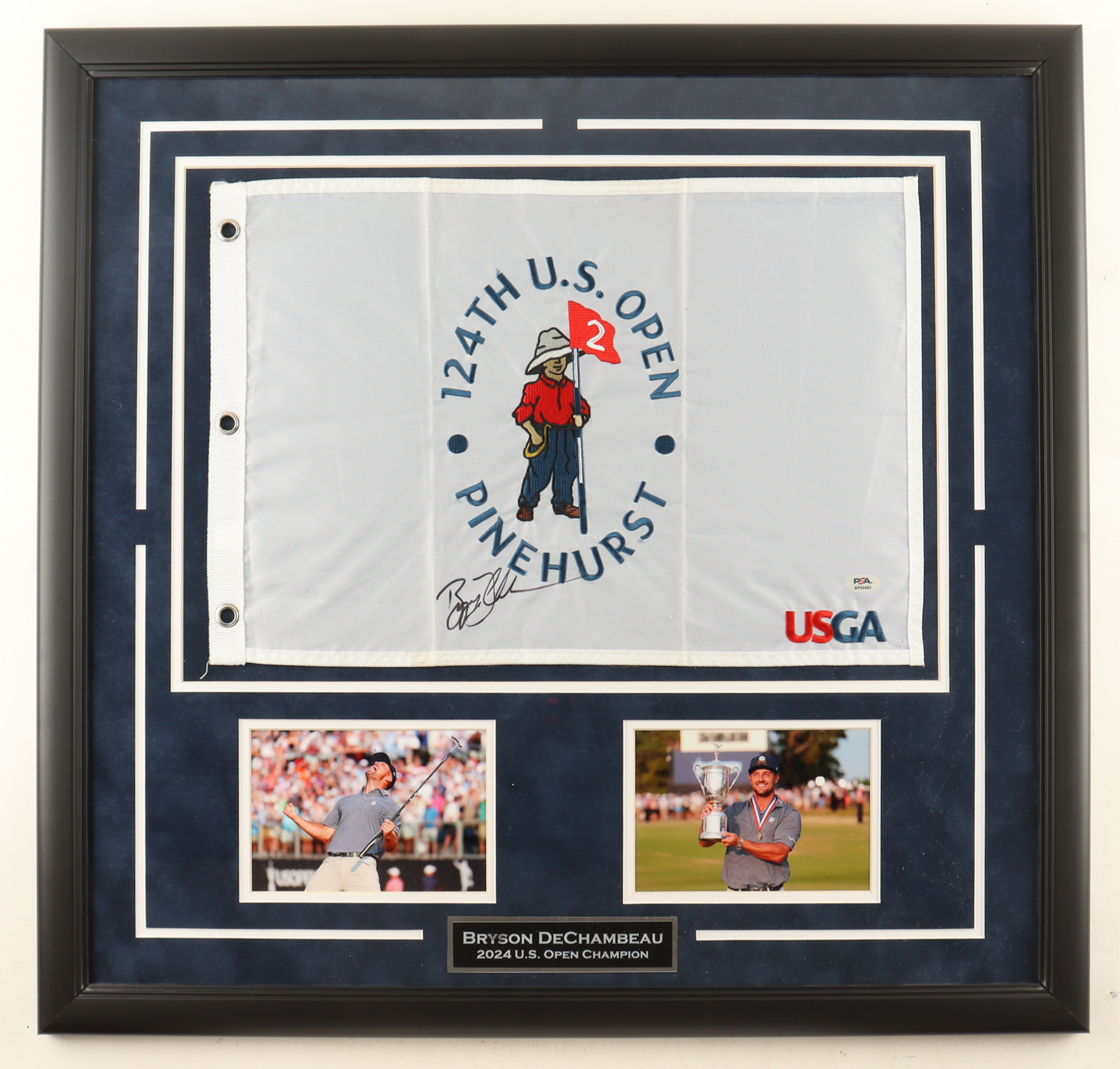 Bryson DeChambeau Signed Custom Framed 2024 124th U.S. Open Tournament Golf Pin Flag with (2) 8x10 Photos (PSA) at PristineAuction.com Bryson DeChambeau Signed Custom Framed 2024 124th U.S. Open Tournament Golf Pin Flag with (2) 8x10 Photos (PSA) at PristineAuction.com