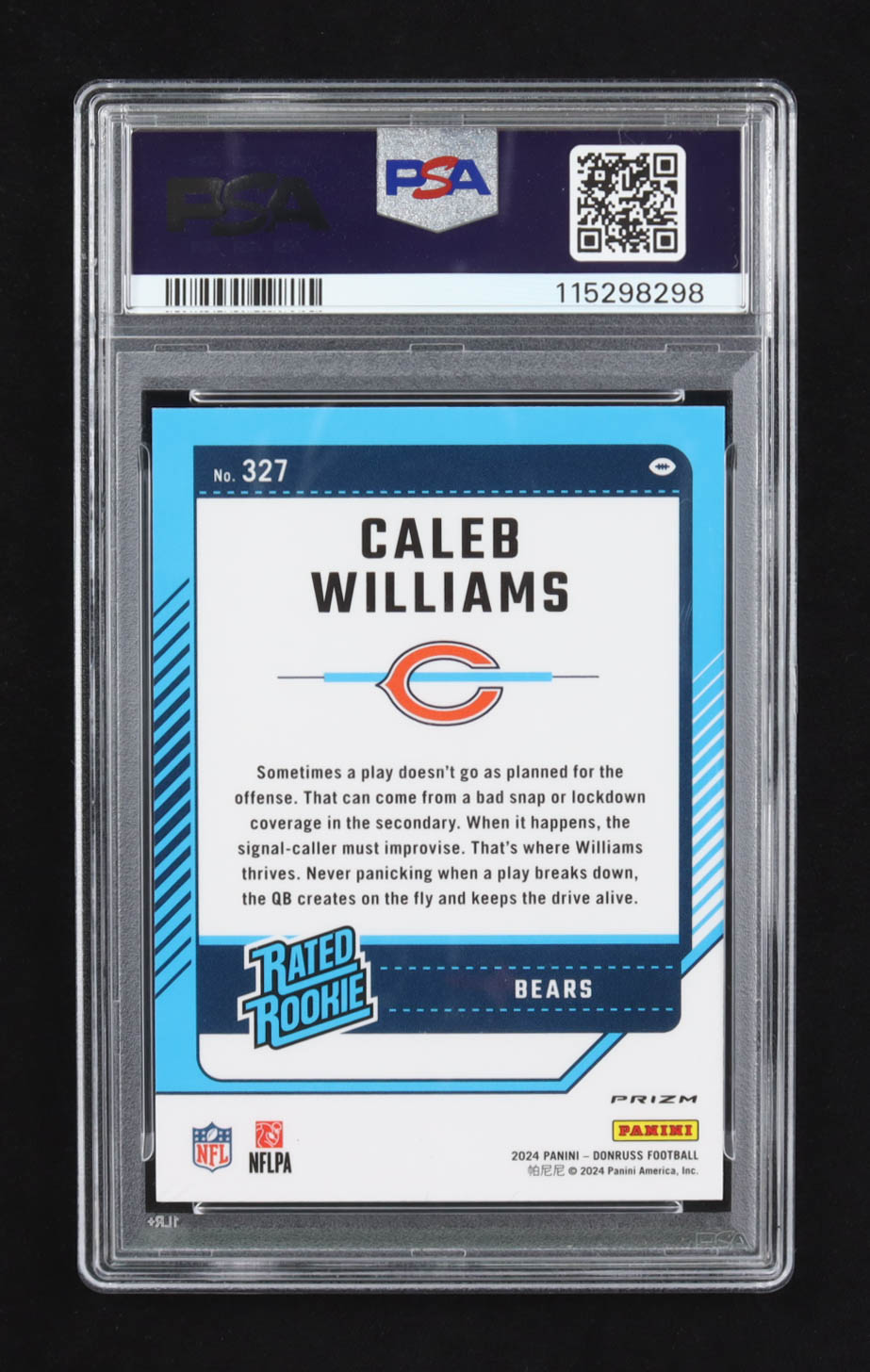 Caleb Williams 2024 Donruss Optic Rated Rookies Preview Pink #327 RC (PSA 10) at PristineAuction.com Caleb Williams 2024 Donruss Optic Rated Rookies Preview Pink #327 RC (PSA 10) at PristineAuction.com