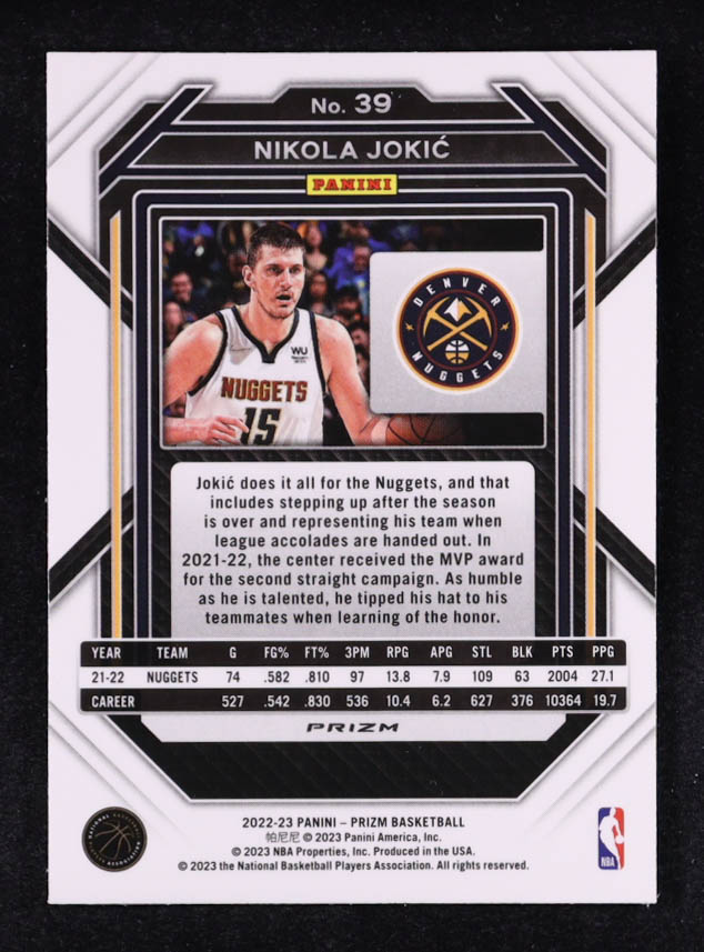 Nikola Jokic 2022-23 Panini Prizm Prizms Red Ice #39 at PristineAuction.com Nikola Jokic 2022-23 Panini Prizm Prizms Red Ice #39 at PristineAuction.com