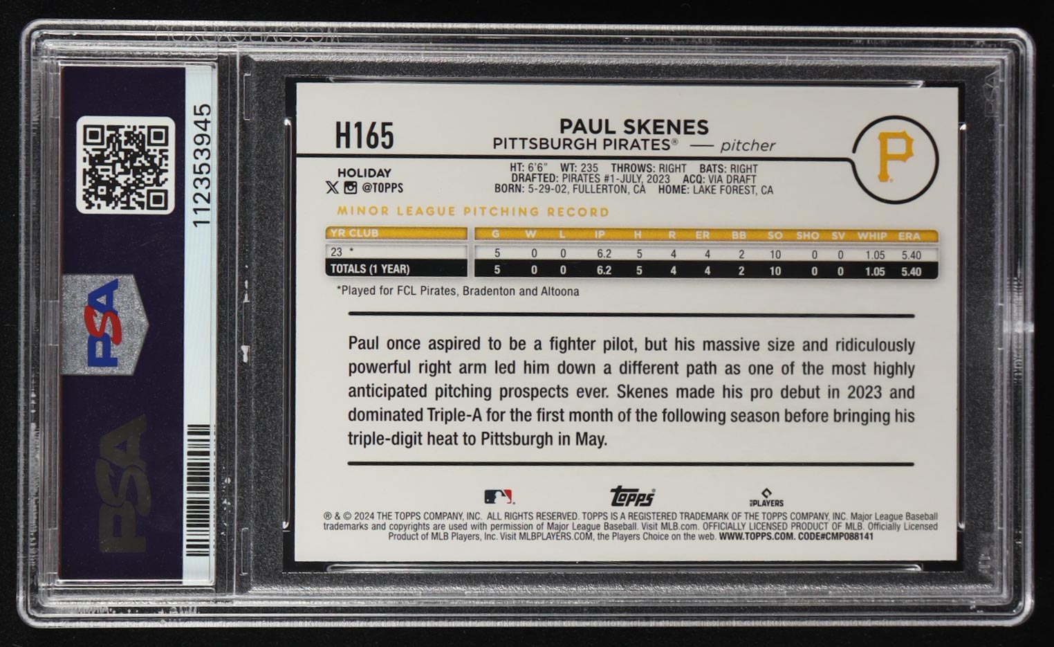 Paul Skenes 2024 Topps Holiday Metallic Blue Glitter #H165 RC (PSA 10) at PristineAuction.com Paul Skenes 2024 Topps Holiday Metallic Blue Glitter #H165 RC (PSA 10) at PristineAuction.com