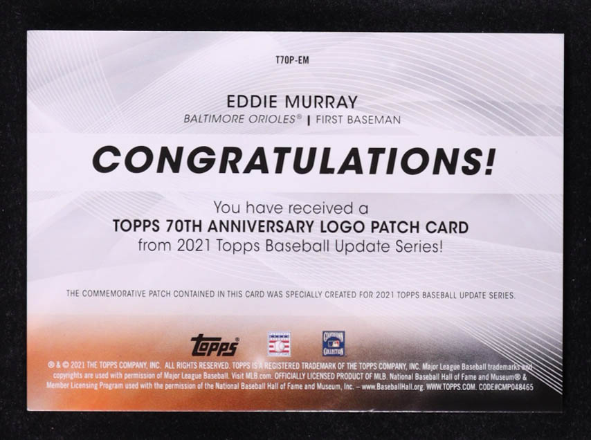 Eddie Murray 2021 Topps Update 70th Anniversary Logo Patches #T70PEM at PristineAuction.com Eddie Murray 2021 Topps Update 70th Anniversary Logo Patches #T70PEM at PristineAuction.com