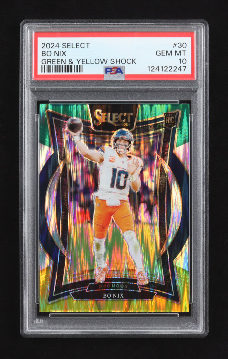 Bo Nix 2024 Select Prizm Green and Yellow Shock #30 RC (PSA 10) at PristineAuction.com Bo Nix 2024 Select Prizm Green and Yellow Shock #30 RC (PSA 10) at PristineAuction.com