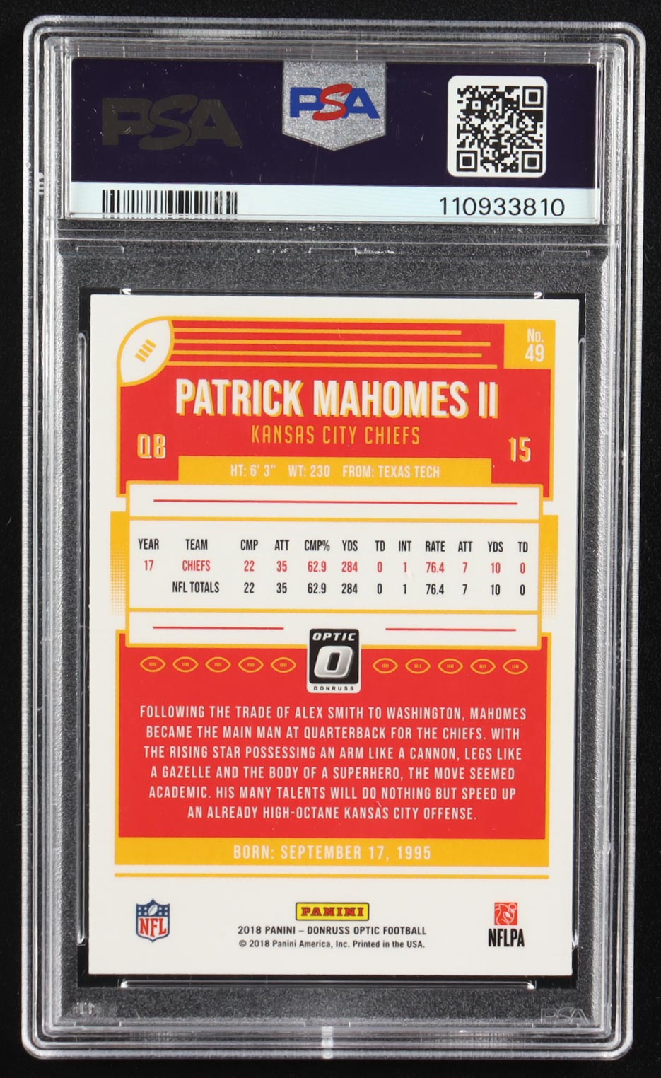 Patrick Mahomes II 2018 Donruss Optic #49 (PSA 9) at PristineAuction.com Patrick Mahomes II 2018 Donruss Optic #49 (PSA 9) at PristineAuction.com