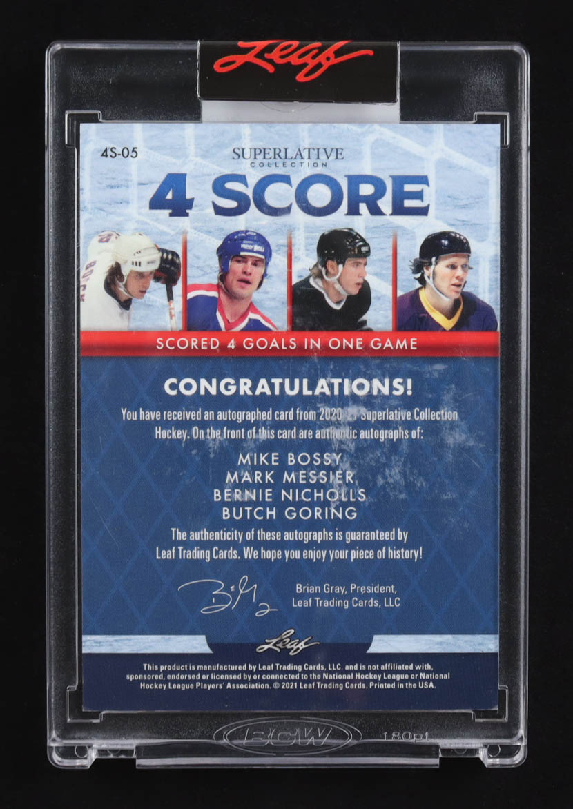 Mike Bossy / Mark Messier / Bernie Nicholls / Butch Goring 2021 Leaf Superlative Collection 4 Score Emerald Quad Auto #4S-05 #1/3 at PristineAuction.com Mike Bossy / Mark Messier / Bernie Nicholls / Butch Goring 2021 Leaf Superlative Collection 4 Score Emerald Quad Auto #4S-05 #1/3 at PristineAuction.com