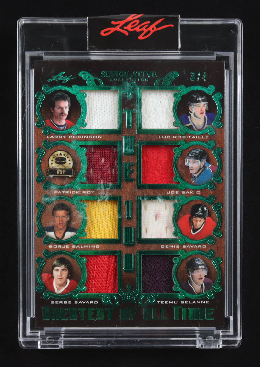 Larry Robinson / Luc Robitaille / Patrick Roy / Joe Sakic / Borje Salming / Denis Savard / Serge Savard / Teemu Selanne 2021 Leaf Superlative Collection The 100 Greatest Of All Time Emerald Patch Auto #GOAT-11 #3/4 at PristineAuction.com Larry Robinson / Luc Robitaille / Patrick Roy / Joe Sakic / Borje Salming / Denis Savard / Serge Savard / Teemu Selanne 2021 Leaf Superlative Collection The 100 Greatest Of All Time Emerald Patch Auto #GOAT-11 #3/4 at PristineAuction.com