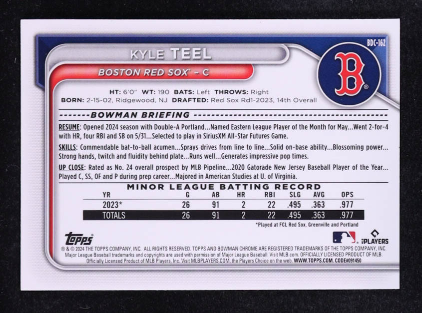 Kyle Teel 2024 Bowman Chrome Draft Steel Metal Refractors #BDC162 #054/100 RC at PristineAuction.com Kyle Teel 2024 Bowman Chrome Draft Steel Metal Refractors #BDC162 #054/100 RC at PristineAuction.com