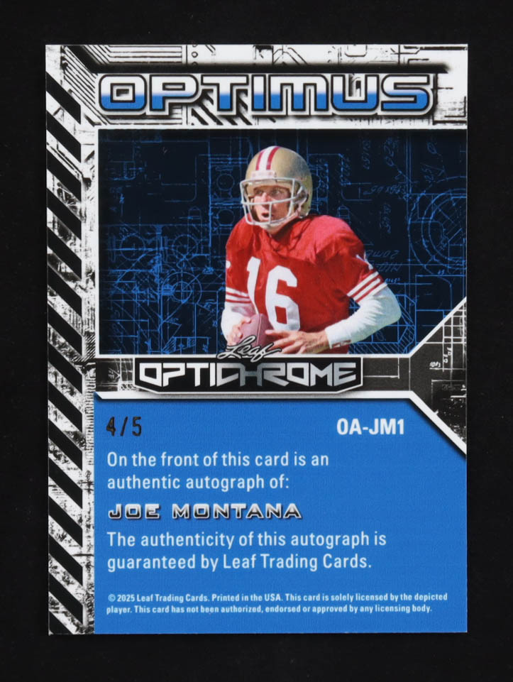 Joe Montana 2025 Leaf Optichrome Optimus Purple Lazer Auto #OA-JM1 #4/5 at PristineAuction.com Joe Montana 2025 Leaf Optichrome Optimus Purple Lazer Auto #OA-JM1 #4/5 at PristineAuction.com