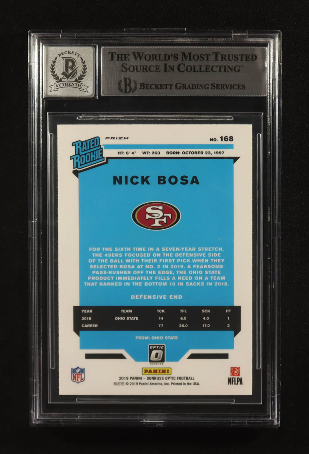 Nick Bosa Signed 2019 Donruss Optic Bronze #168 RR RC (Beckett | Auto Grade BGS 10) at PristineAuction.com Nick Bosa Signed 2019 Donruss Optic Bronze #168 RR RC (Beckett | Auto Grade BGS 10) at PristineAuction.com