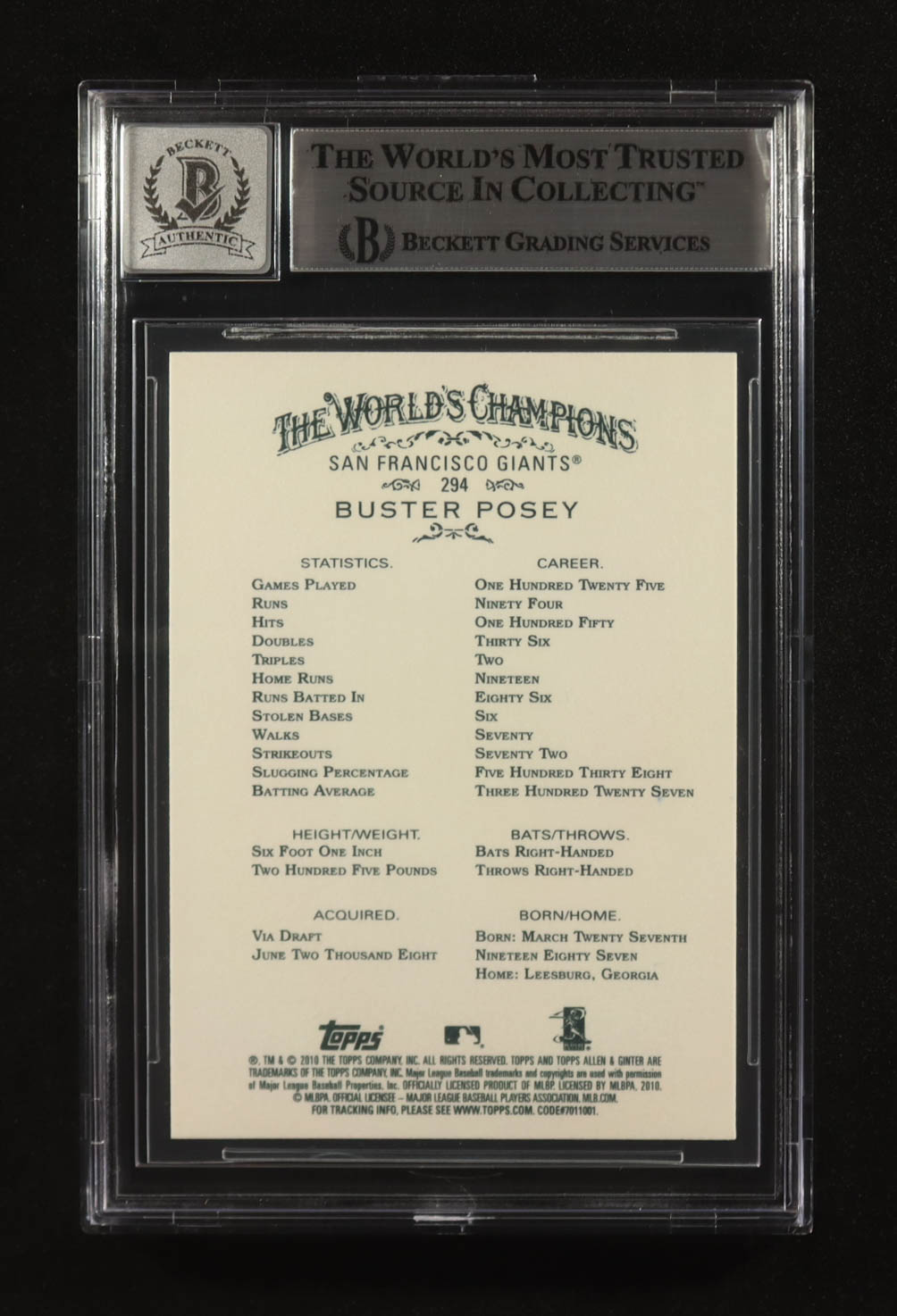 Buster Posey Signed 2010 Topps Allen and Ginter #294 RC Inscribed "2010 AL ROY" (Beckett | Auto Grade BGS 10) at PristineAuction.com Buster Posey Signed 2010 Topps Allen and Ginter #294 RC Inscribed "2010 AL ROY" (Beckett | Auto Grade BGS 10) at PristineAuction.com