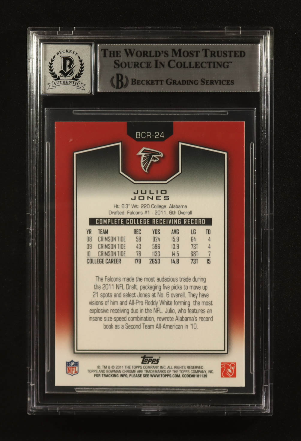 Julio Jones Signed 2011 Bowman Chrome Rookie Preview Inserts #BCR24 RC (Beckett | Auto Grade BGS 10) at PristineAuction.com Julio Jones Signed 2011 Bowman Chrome Rookie Preview Inserts #BCR24 RC (Beckett | Auto Grade BGS 10) at PristineAuction.com