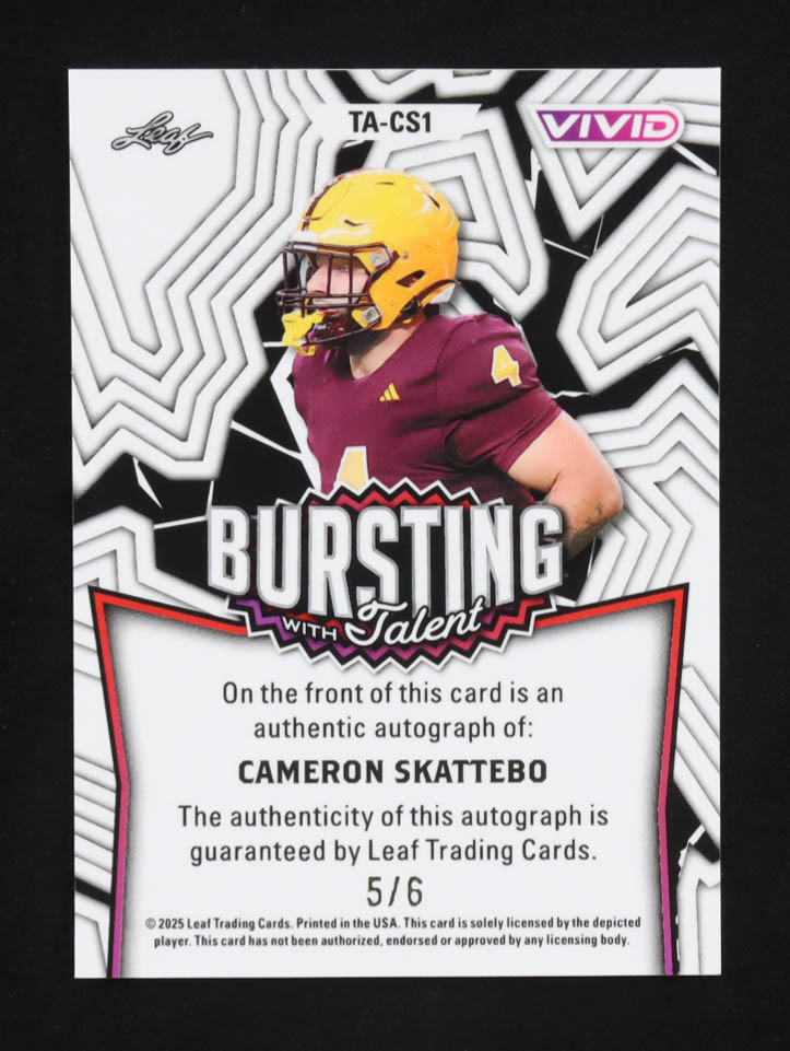 Cameron Skattebo 2025 Leaf Vivid Burst With Talent Blue Crystal Auto #TA-CS1 RC #5/6 at PristineAuction.com Cameron Skattebo 2025 Leaf Vivid Burst With Talent Blue Crystal Auto #TA-CS1 RC #5/6 at PristineAuction.com