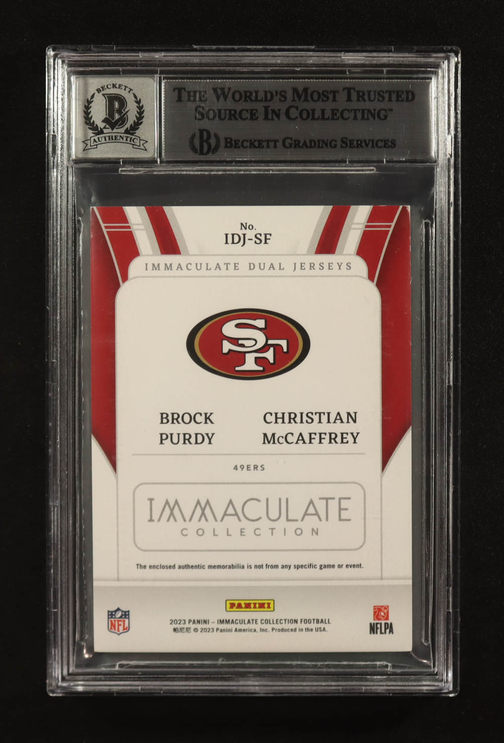 Brock Purdy & Christian McCaffrey Signed 2023 Immaculate Collection Immaculate Dual Jerseys #11 #39/49 (Beckett | Auto Grade BGS 10) at PristineAuction.com Brock Purdy & Christian McCaffrey Signed 2023 Immaculate Collection Immaculate Dual Jerseys #11 #39/49 (Beckett | Auto Grade BGS 10) at PristineAuction.com