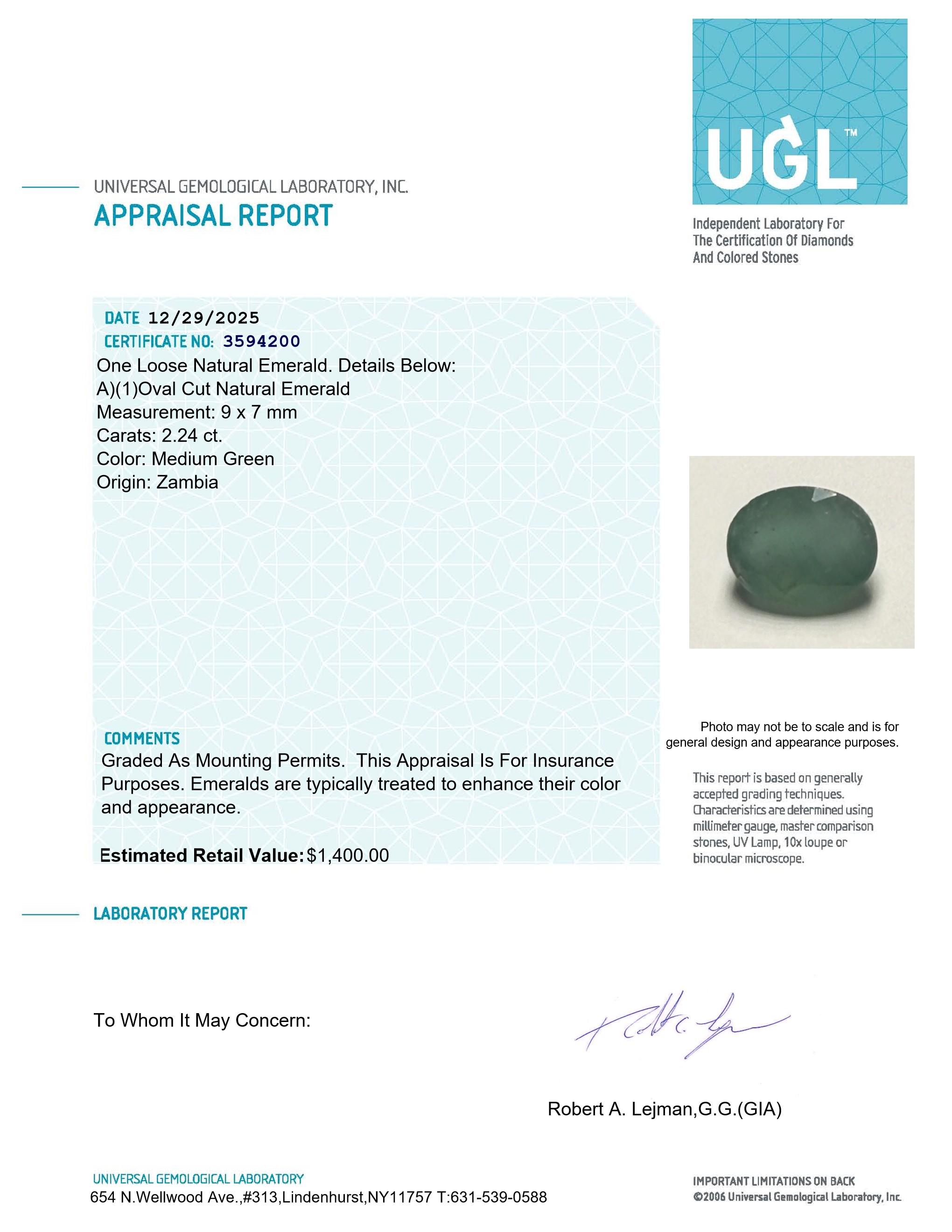 2.24 Carats Natural Emerald Loose | $1,400 Estimated Retail Value (UGL & IGI Certs) at PristineAuction.com 2.24 Carats Natural Emerald Loose | $1,400 Estimated Retail Value (UGL & IGI Certs) at PristineAuction.com