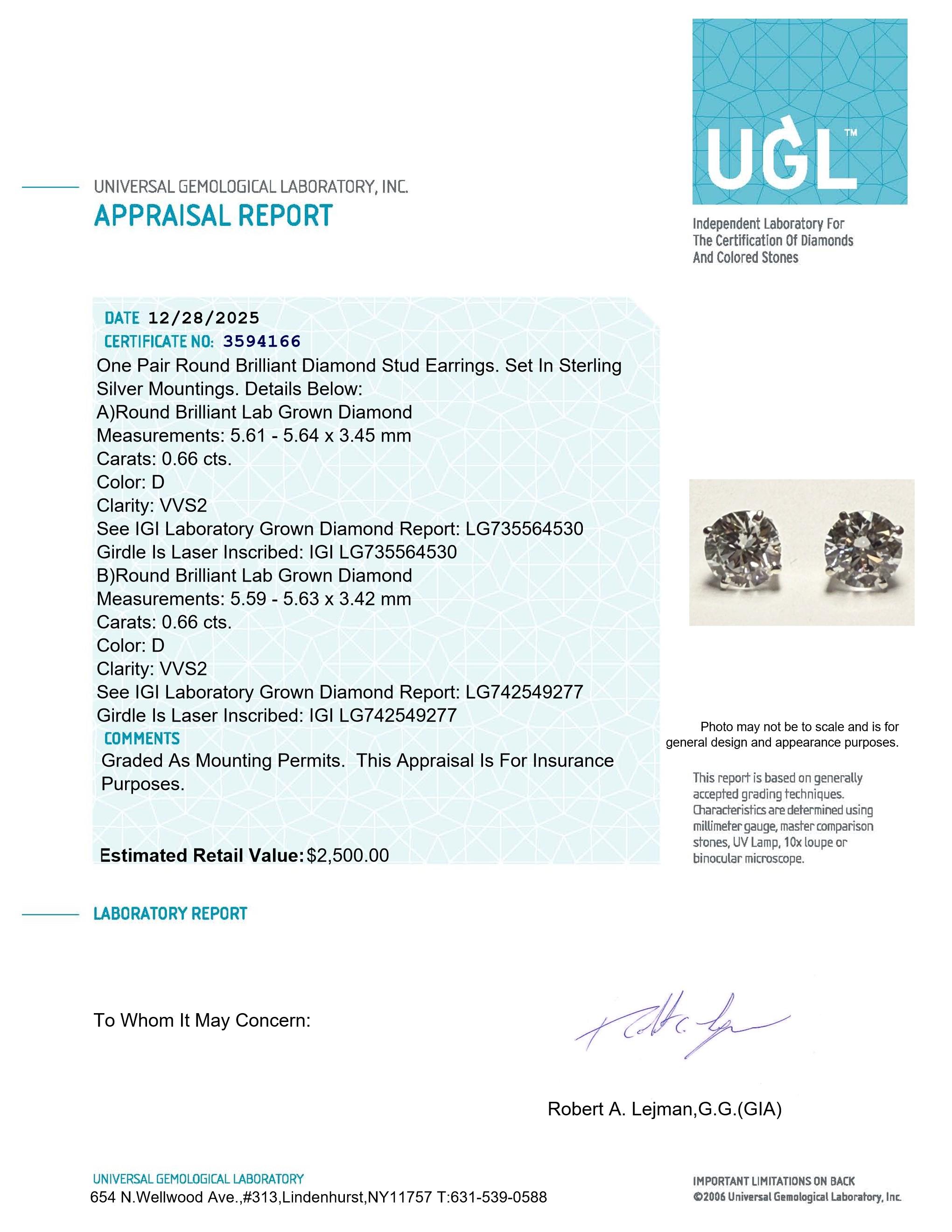 1.32 Carats Lab Grown Diamond Stud Earrings D, VVS2 | $2,500 Estimated Retail Value (UGL & IGI Certs) | Brand New) | Hearts & Arrows Cut at PristineAuction.com 1.32 Carats Lab Grown Diamond Stud Earrings D, VVS2 | $2,500 Estimated Retail Value (UGL & IGI Certs) | Brand New) | Hearts & Arrows Cut at PristineAuction.com