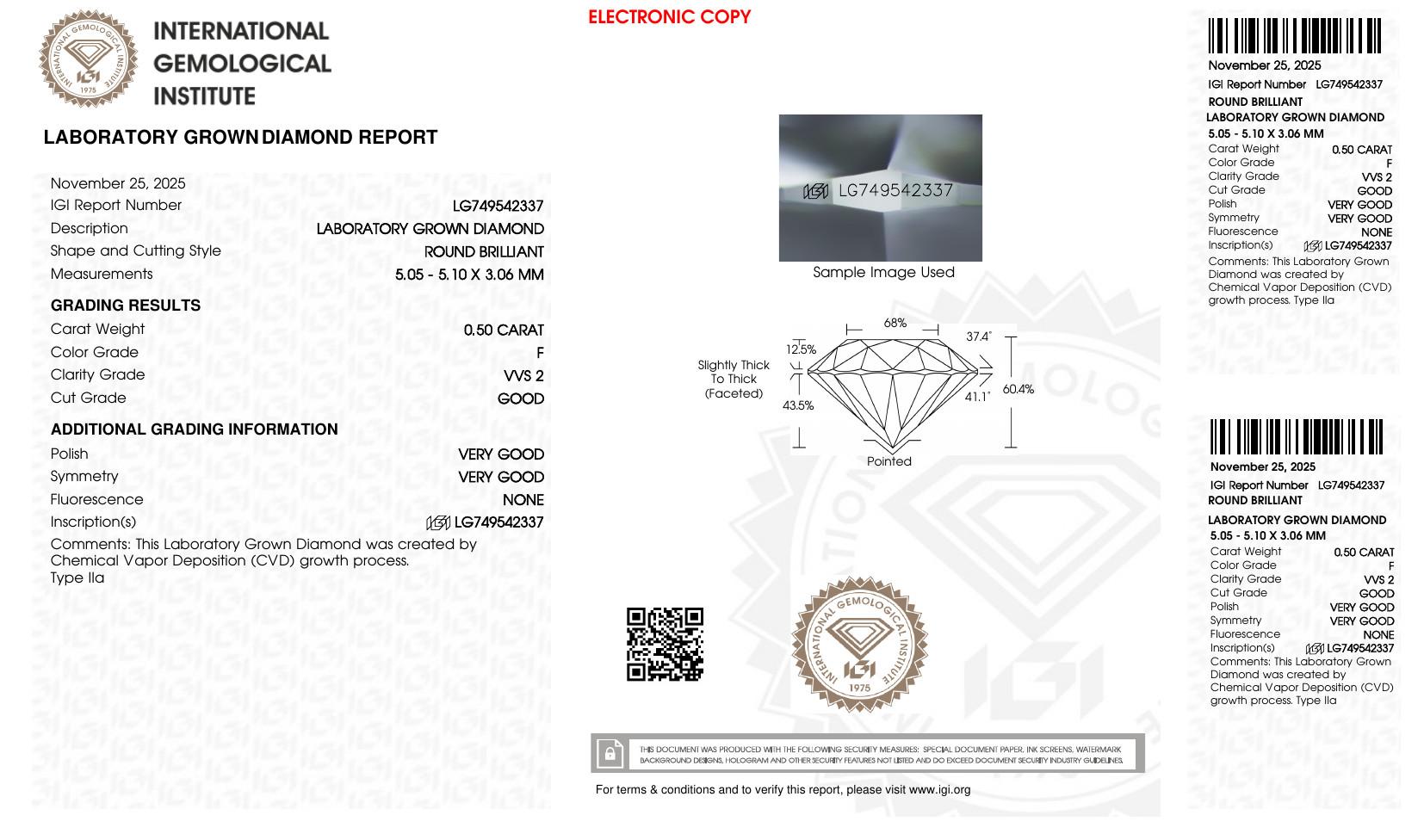 .50 Carats Lab Grown Diamond Loose F, VVS2 | (IGI Cert) at PristineAuction.com .50 Carats Lab Grown Diamond Loose F, VVS2 | (IGI Cert) at PristineAuction.com