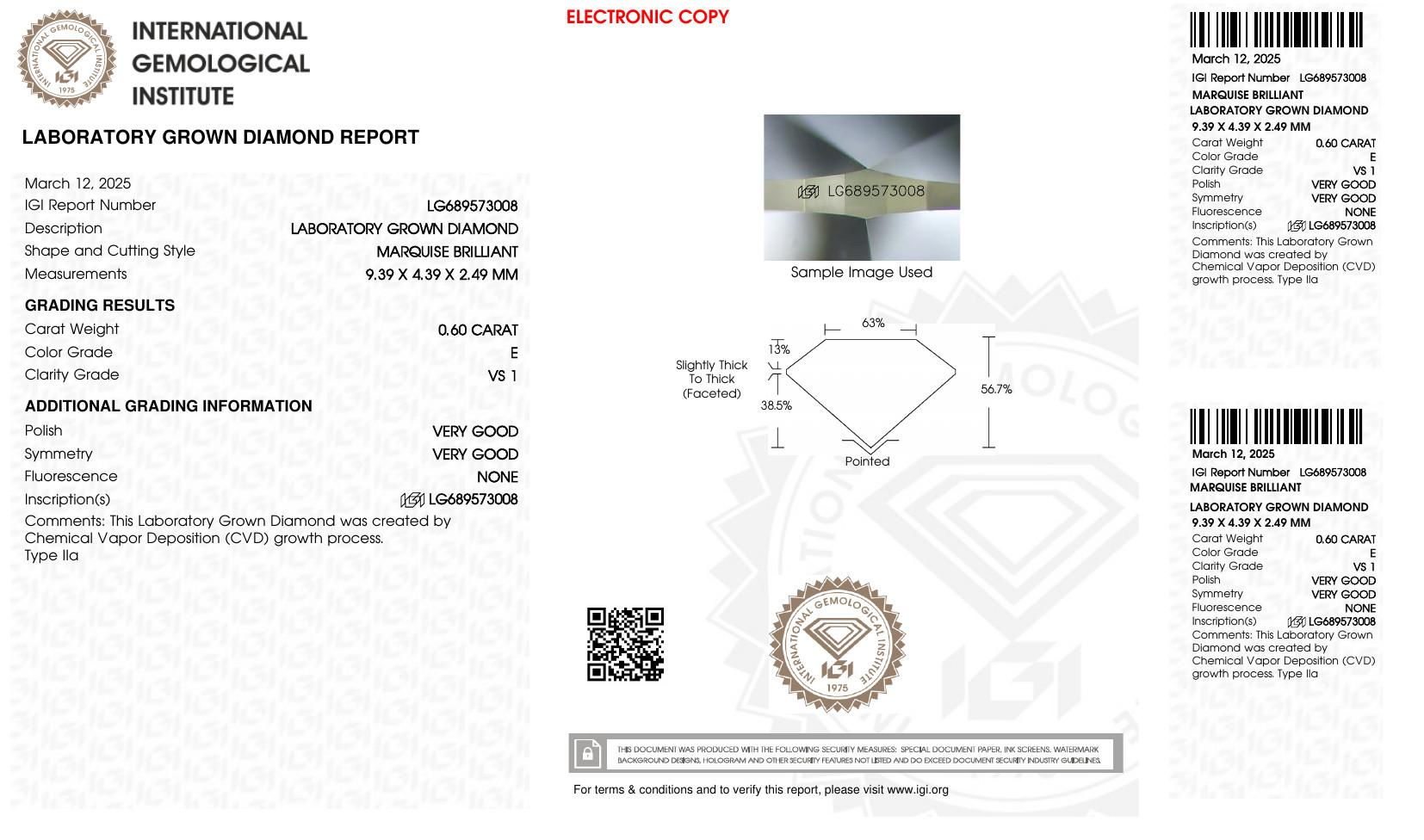 .60 Carats Lab Grown Diamond Loose E, VS1 | (IGI Cert) | Pristine Auction
