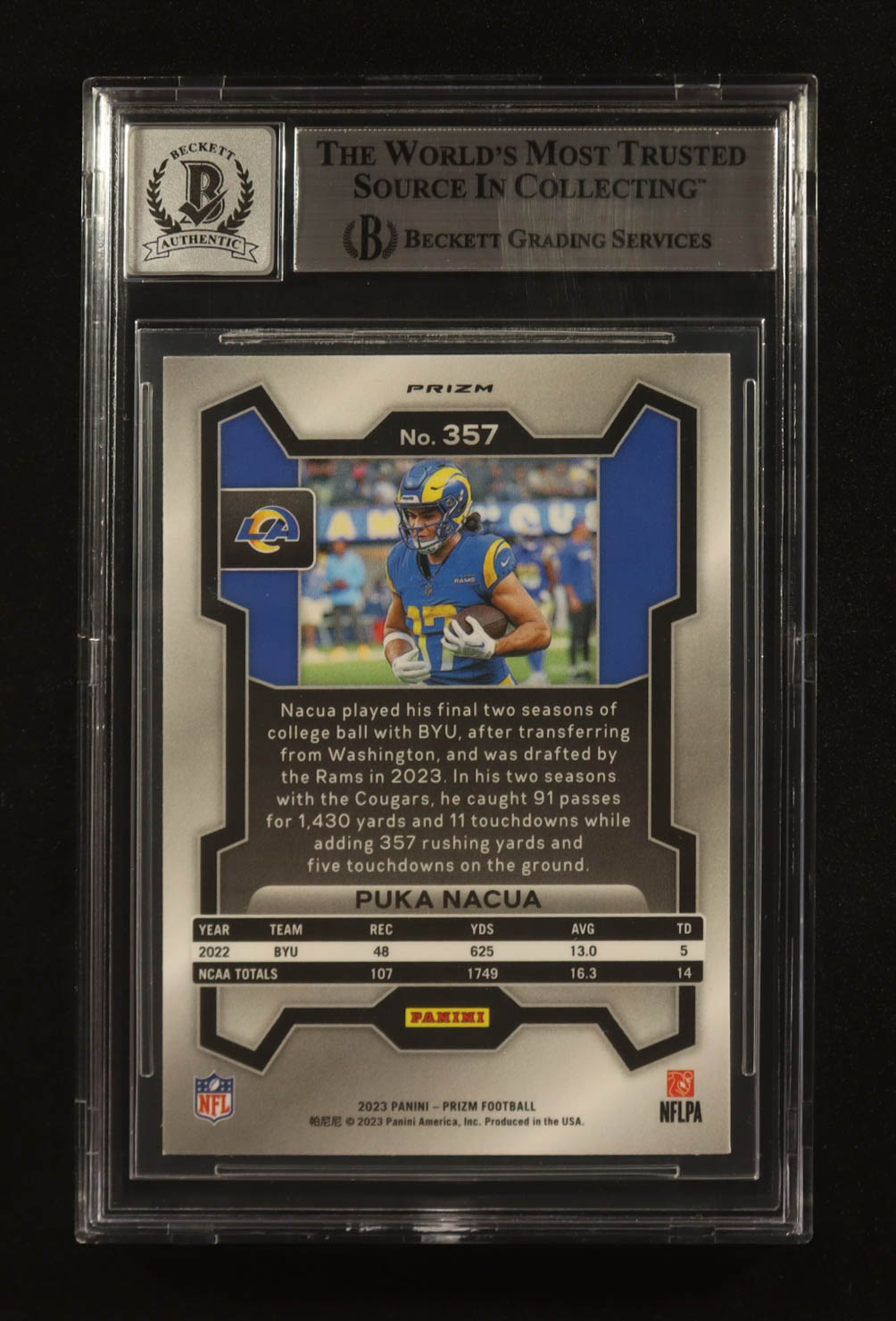 Puka Nacua Signed 2023 Panini Prizm Prizms Orange Disco #357 RC (Beckett | Auto Grade BGS 10) at PristineAuction.com Puka Nacua Signed 2023 Panini Prizm Prizms Orange Disco #357 RC (Beckett | Auto Grade BGS 10) at PristineAuction.com